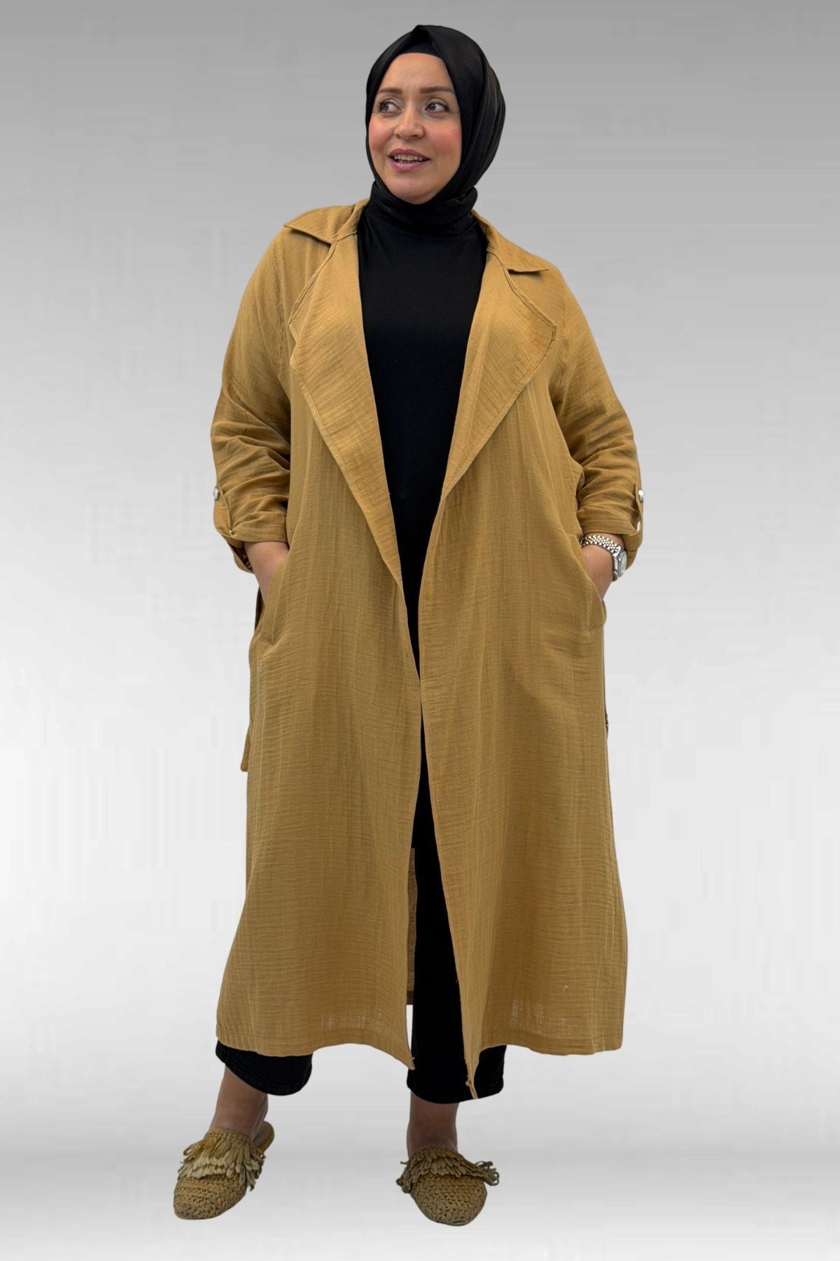 63006  Büyük Beden D Halka Detaylı Müslin Trençkot - Bisküvi