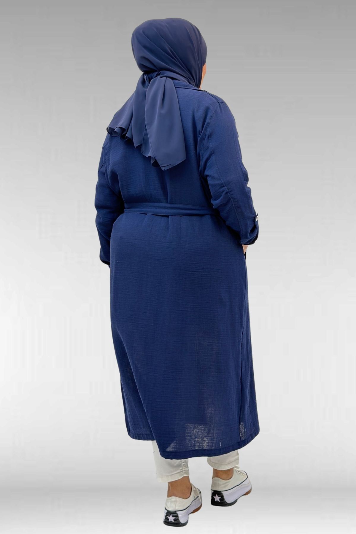 63006  Büyük Beden D Halka Detaylı Müslin Trençkot - Lacivert