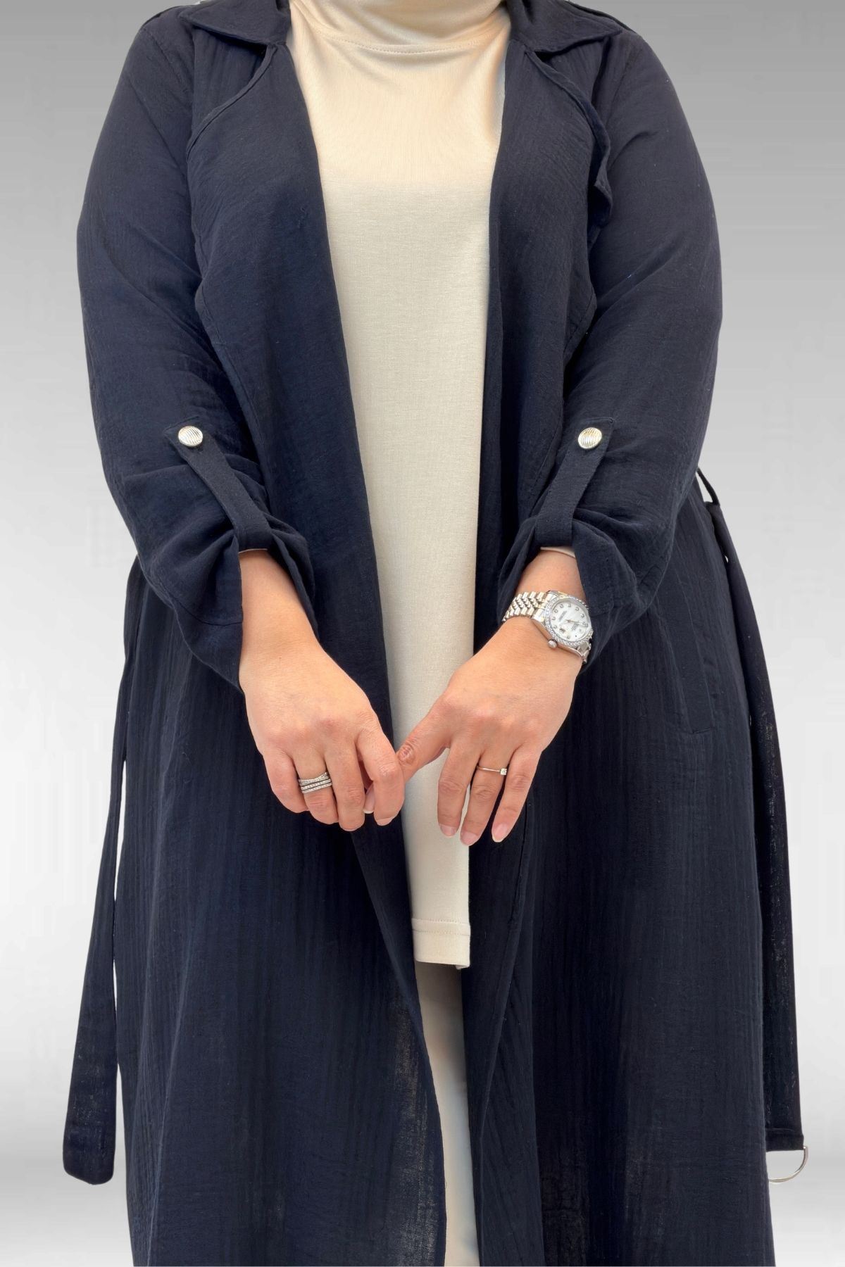 63006  Büyük Beden D Halka Detaylı Müslin Trençkot - Siyah