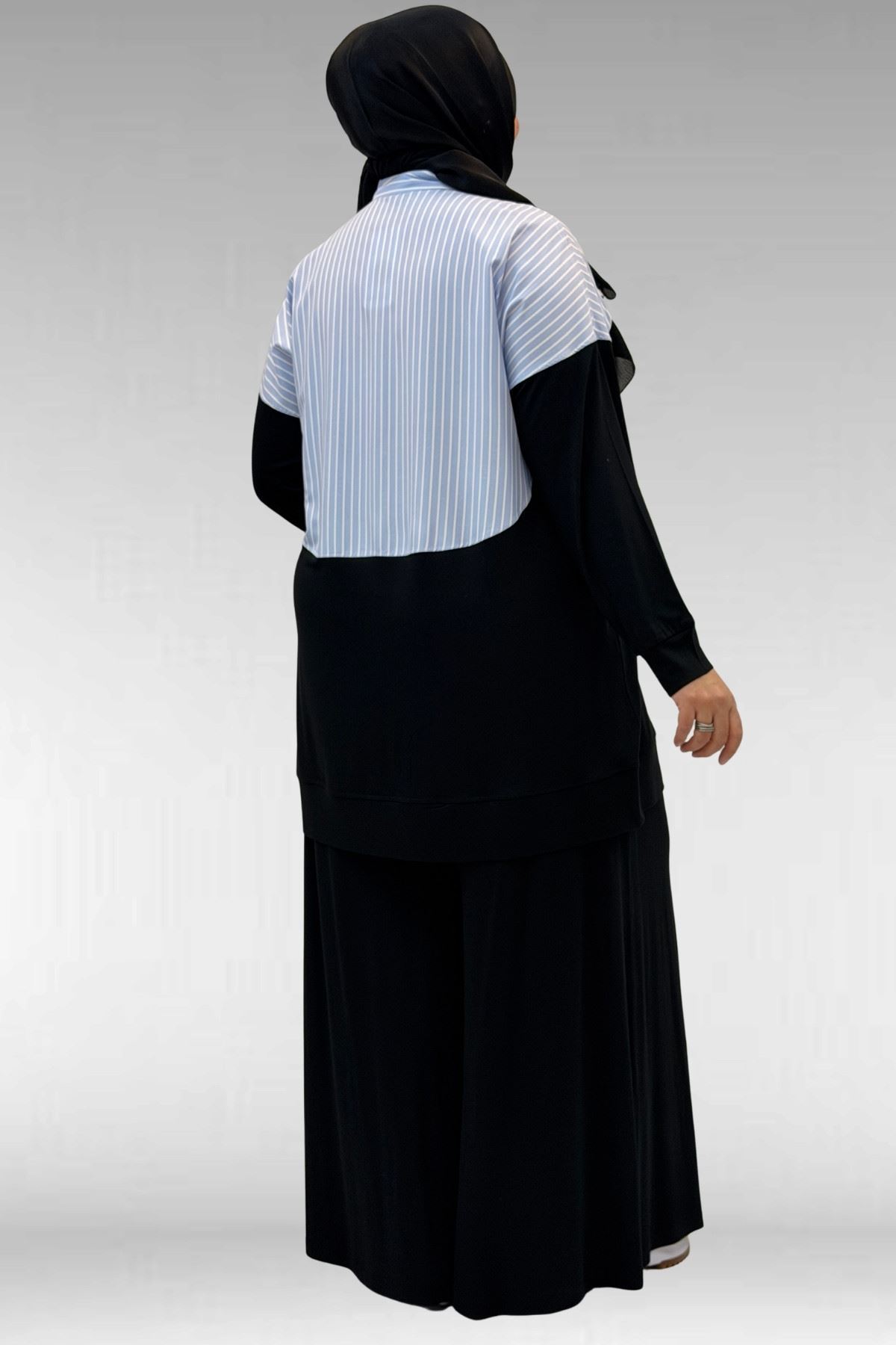 57016 Büyük Beden Erkek Yaka Kombinli Pantolonlu Takım - Siyah-Mavi