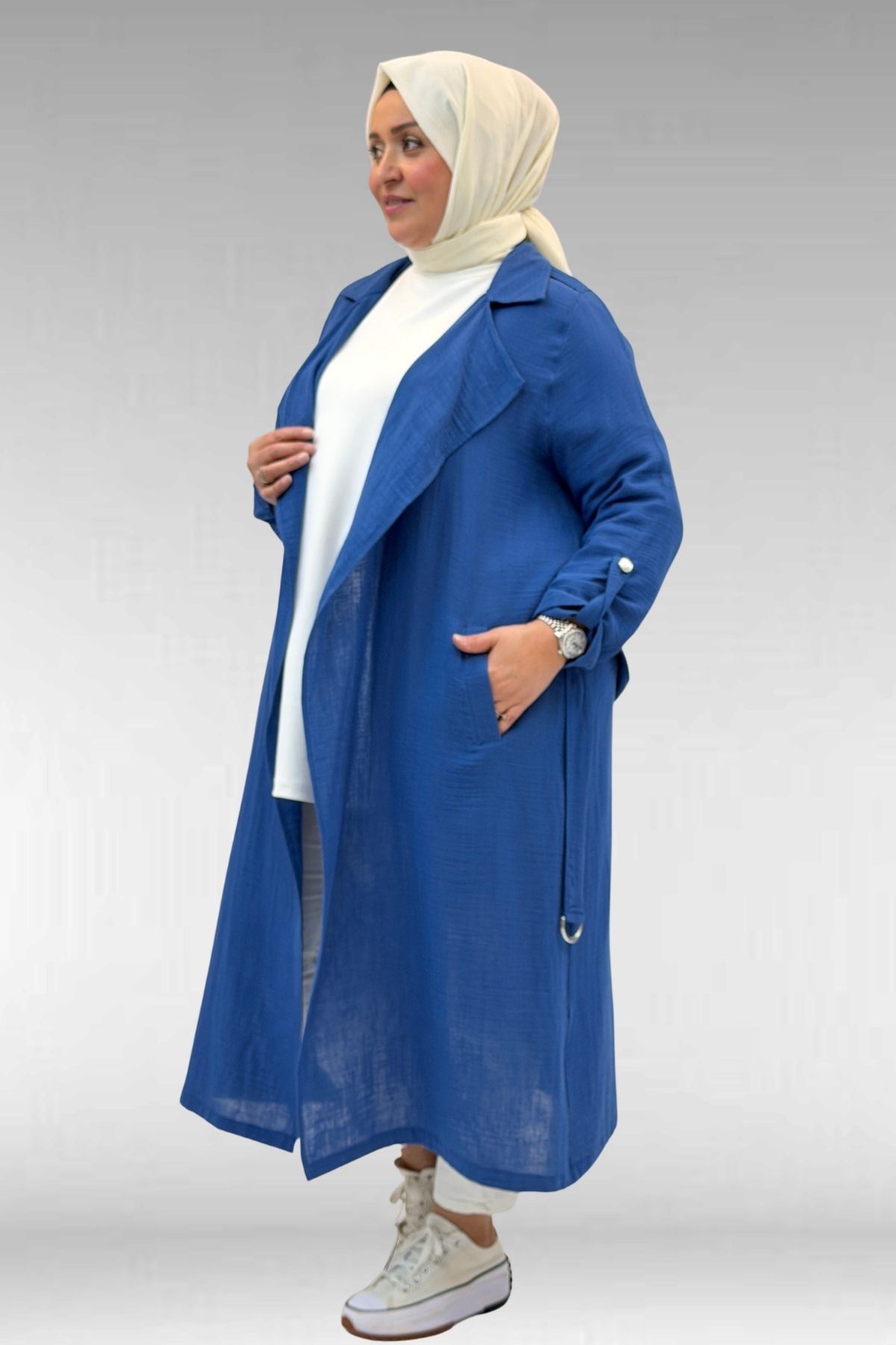 63006  Büyük Beden D Halka Detaylı Müslin Trençkot - İndigo