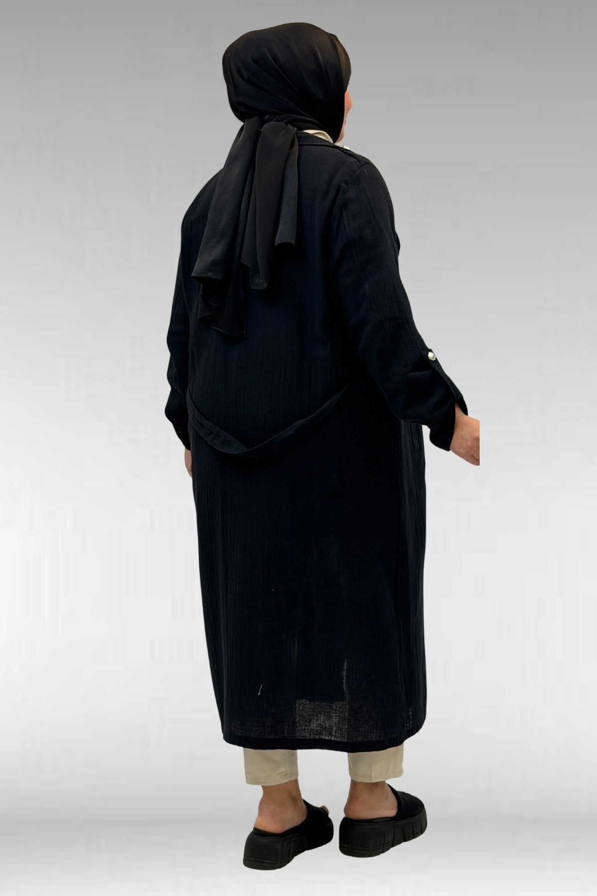 63006  Büyük Beden D Halka Detaylı Müslin Trençkot - Siyah