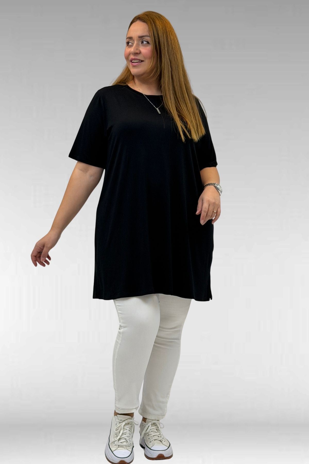 58507 Büyük Beden Yakası Biyeli Penye Tişört - Lacivert