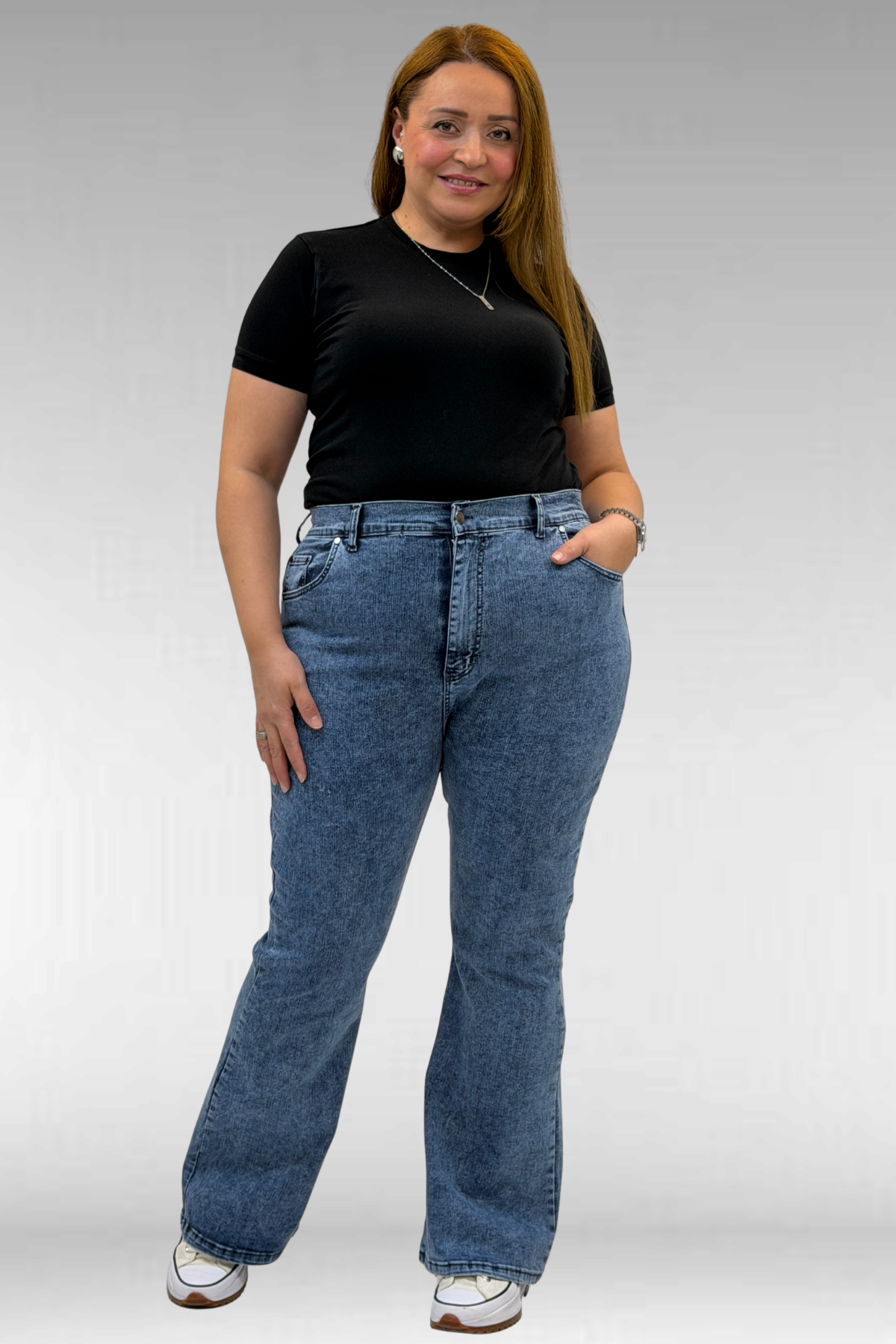 9110-11 Büyük Beden İspanyol Paça Kot Pantolon - Mavi