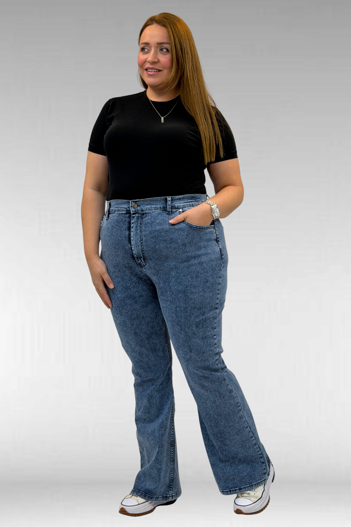 9110-11 Büyük Beden İspanyol Paça Kot Pantolon - Mavi