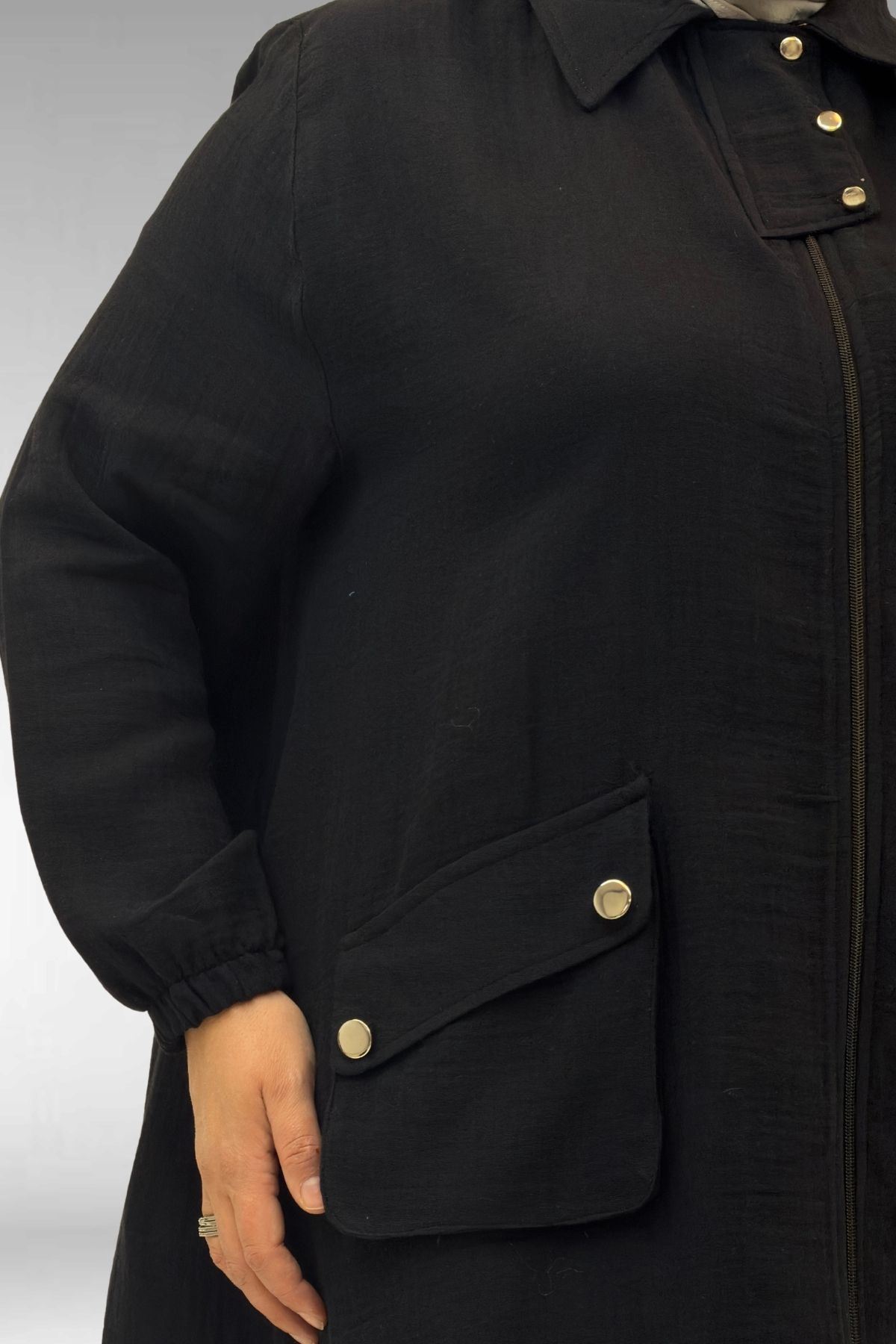 63001-E Büyük Beden Cep Ve Patı Çıtçıt Detaylı Müslin Ceket - Siyah