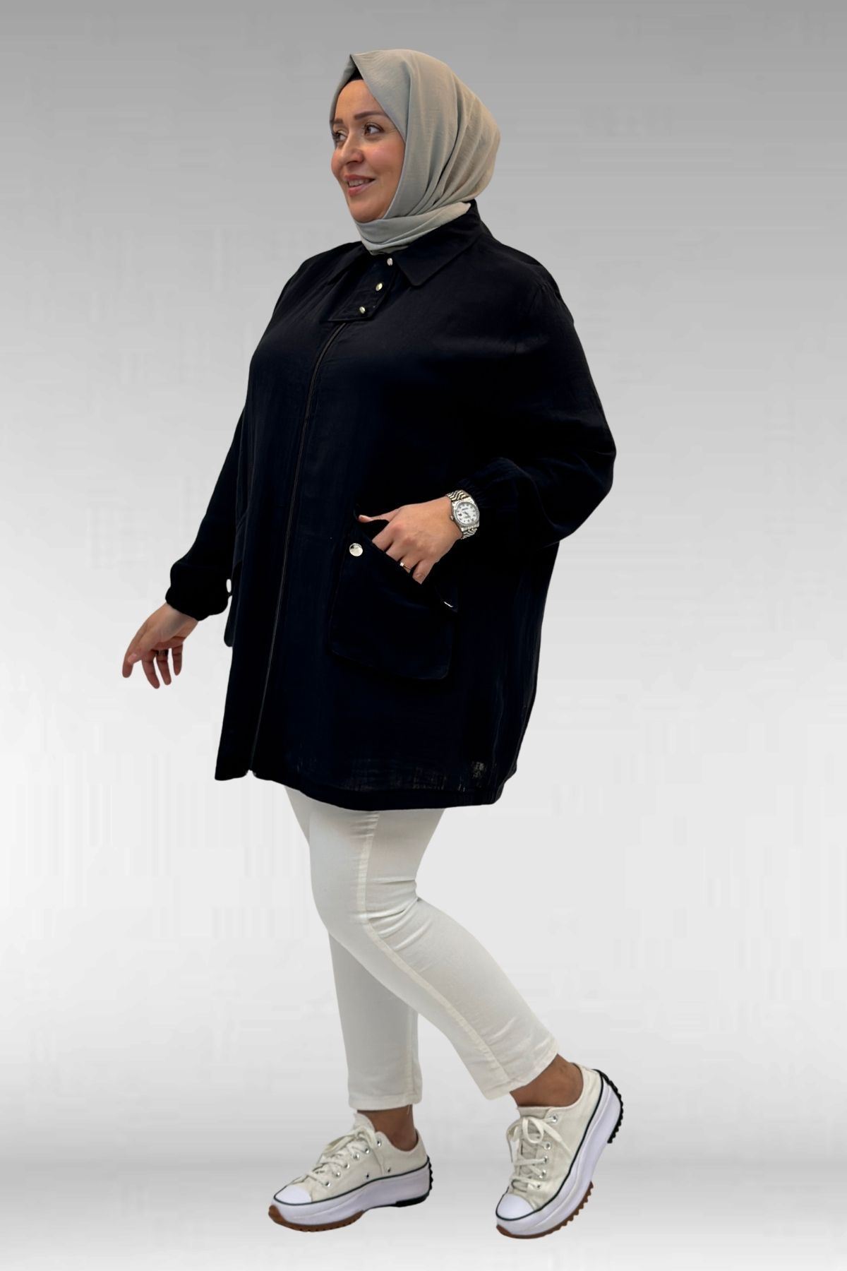 63001-E Büyük Beden Cep Ve Patı Çıtçıt Detaylı Müslin Ceket - Siyah