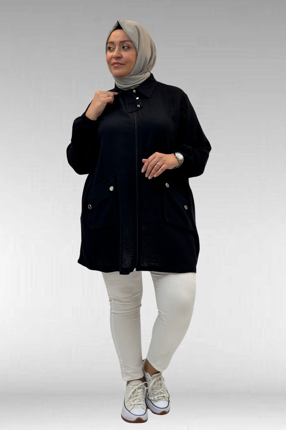 63001-E Büyük Beden Cep Ve Patı Çıtçıt Detaylı Müslin Ceket - Siyah
