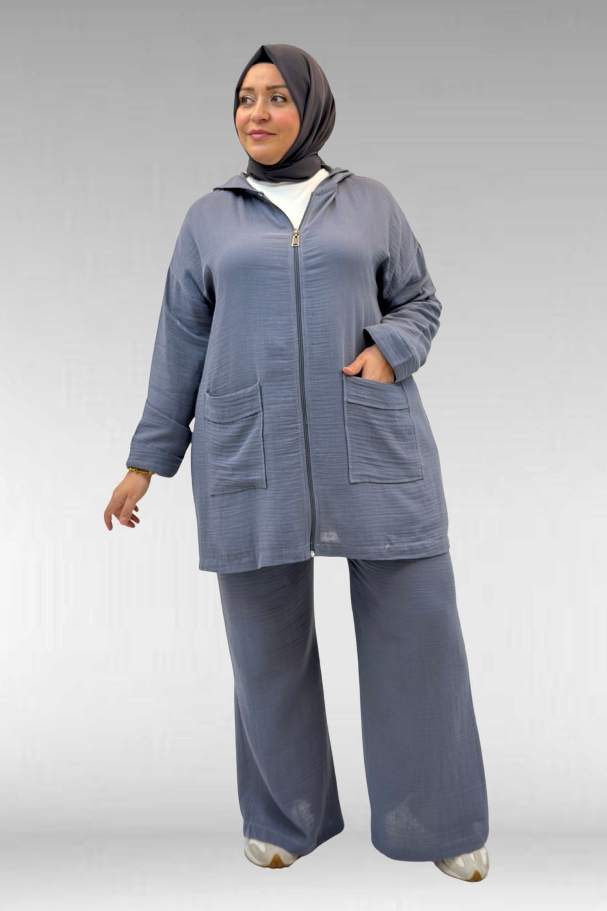 67035-E Büyük Beden Kapşonlu Fermuarlı Müslin Pantolonlu Takım - Antrasit