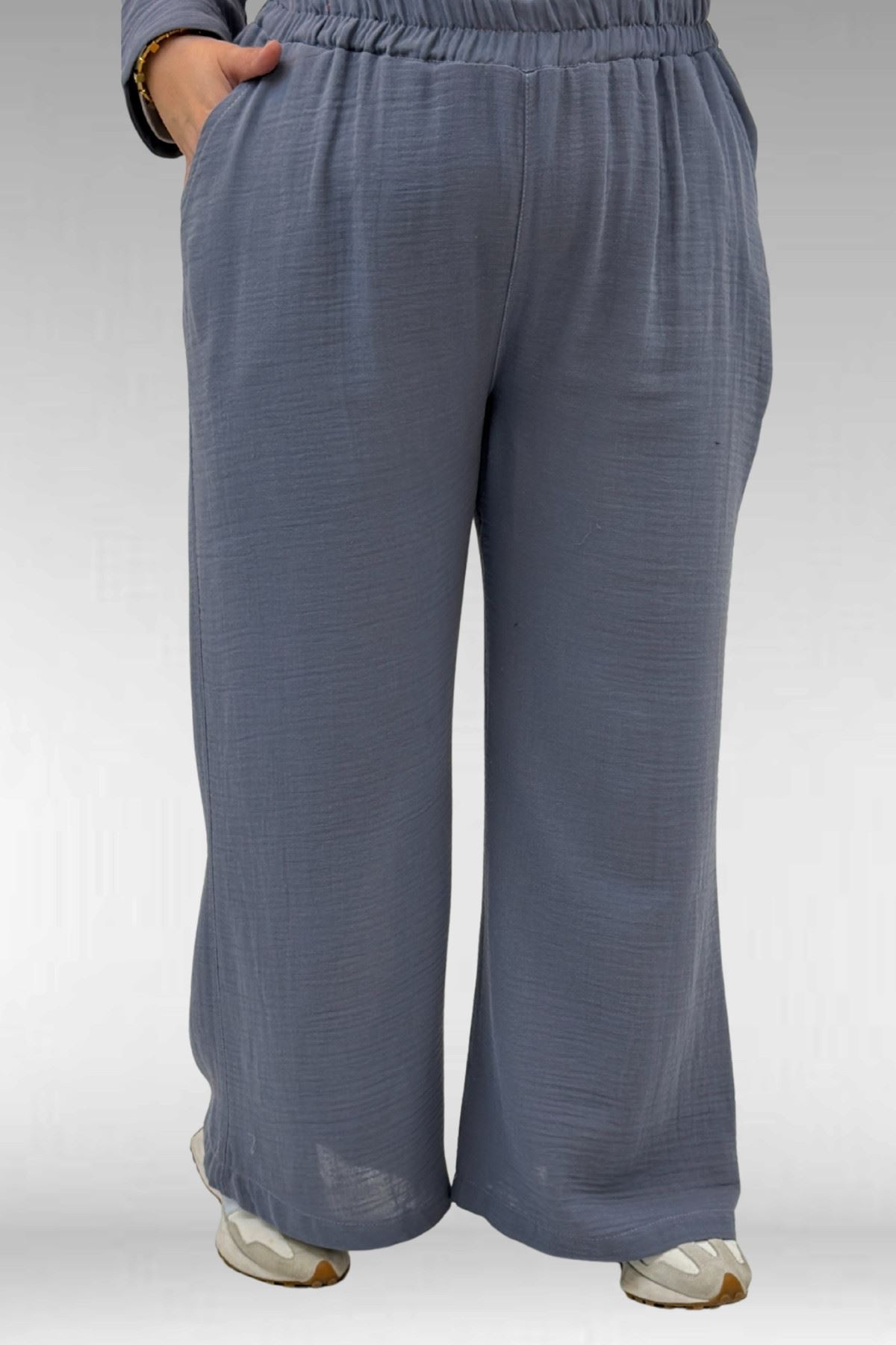 67035-E Büyük Beden Kapşonlu Fermuarlı Müslin Pantolonlu Takım - Antrasit