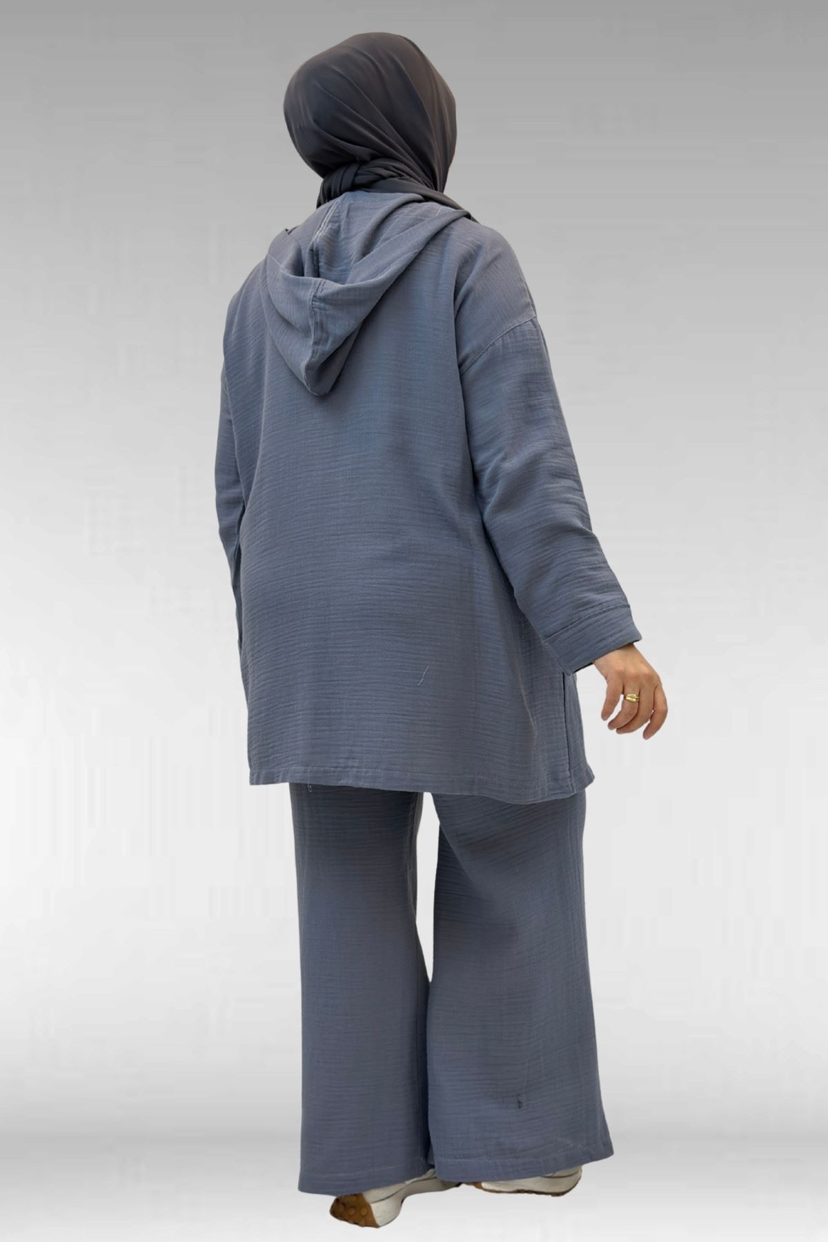 67035-E Büyük Beden Kapşonlu Fermuarlı Müslin Pantolonlu Takım - Antrasit