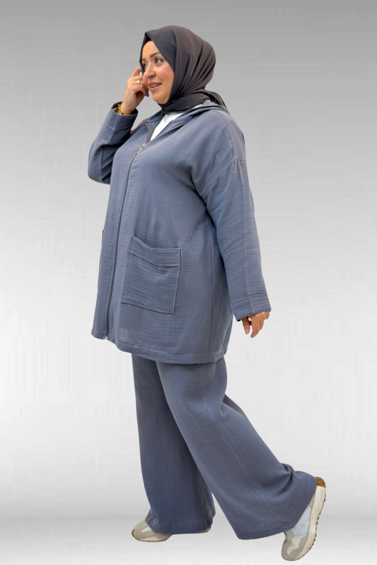 67035-E Büyük Beden Kapşonlu Fermuarlı Müslin Pantolonlu Takım - Antrasit