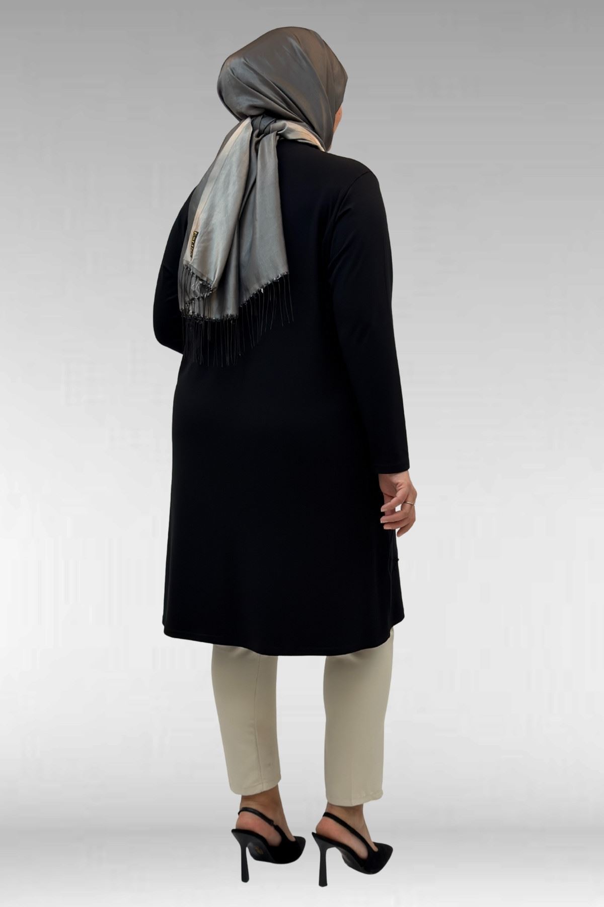 68004-E Büyük Beden Çıma Detaylı Penye Tunik - Siyah