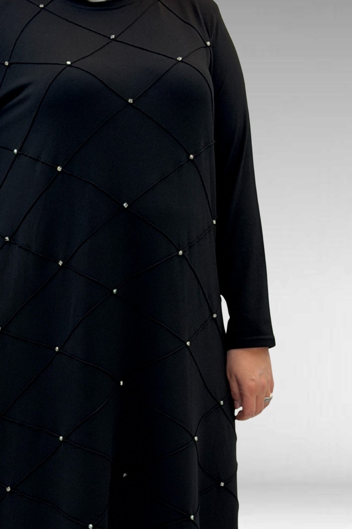 68004-E Büyük Beden Çıma Detaylı Penye Tunik - Siyah