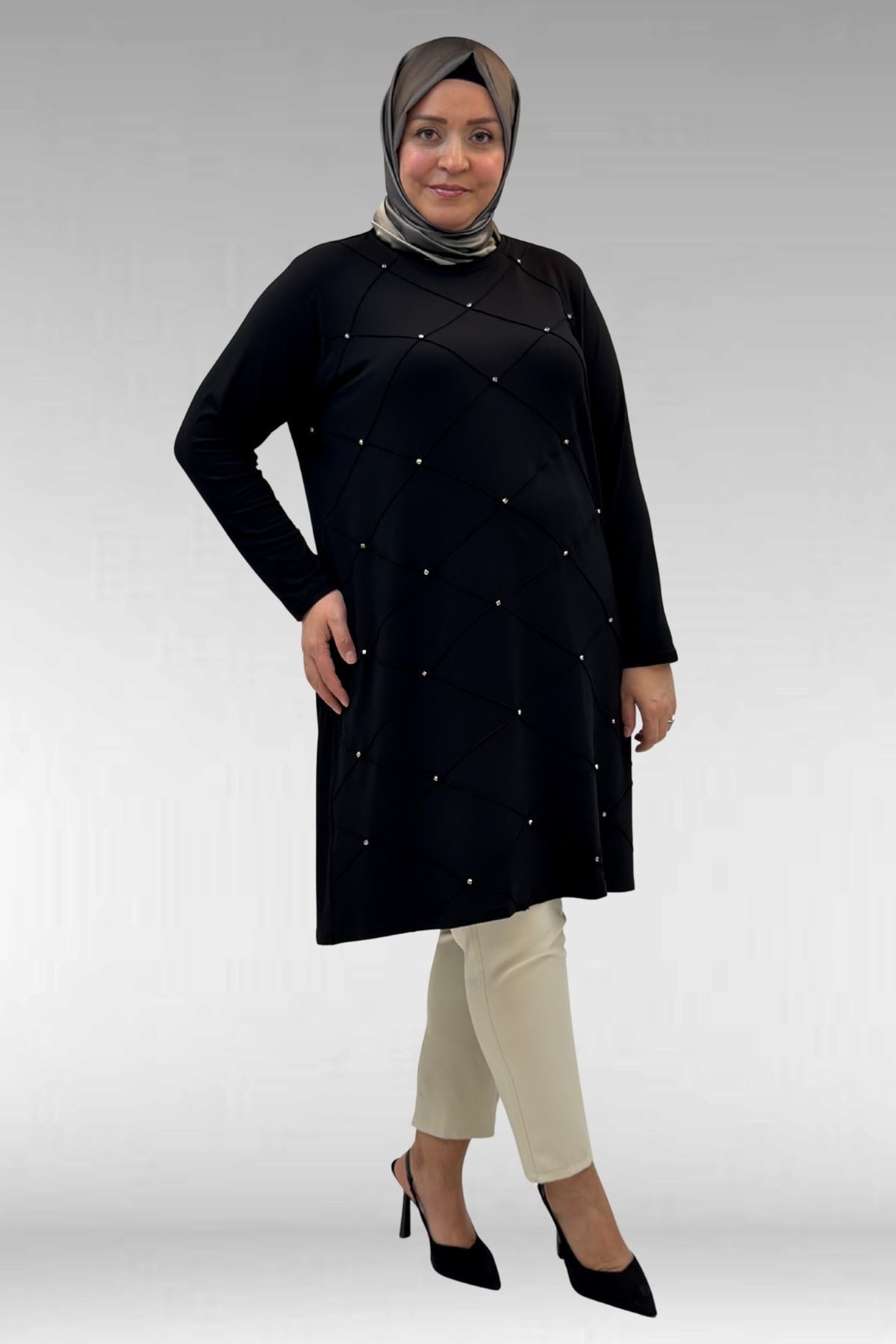 68004-E Büyük Beden Çıma Detaylı Penye Tunik - Siyah