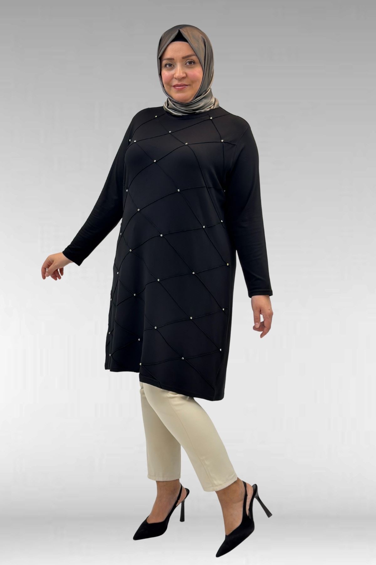 68004-E Büyük Beden Çıma Detaylı Penye Tunik - Siyah