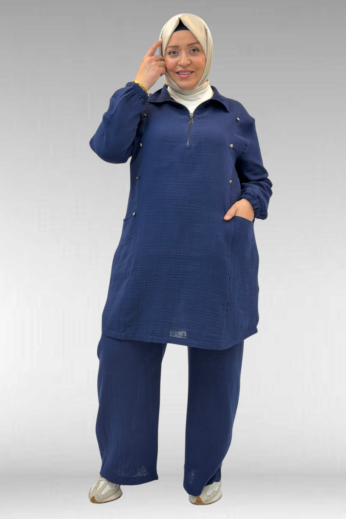 67020 Büyük Beden Yarım Fermuarlı Erkek Yakalı Müslin Pantolonlu Takım - Lacivert