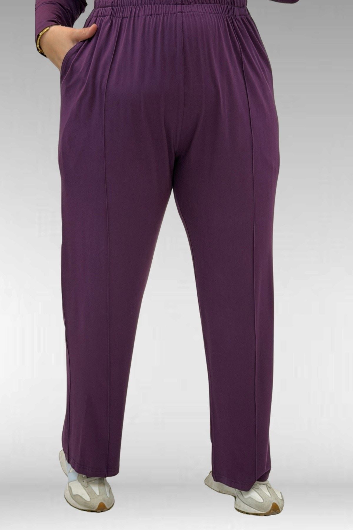 67040 Büyük Beden Cep Kapak Modelli D Halka Detaylı Penye Pantolonlu Takım - Mürdüm