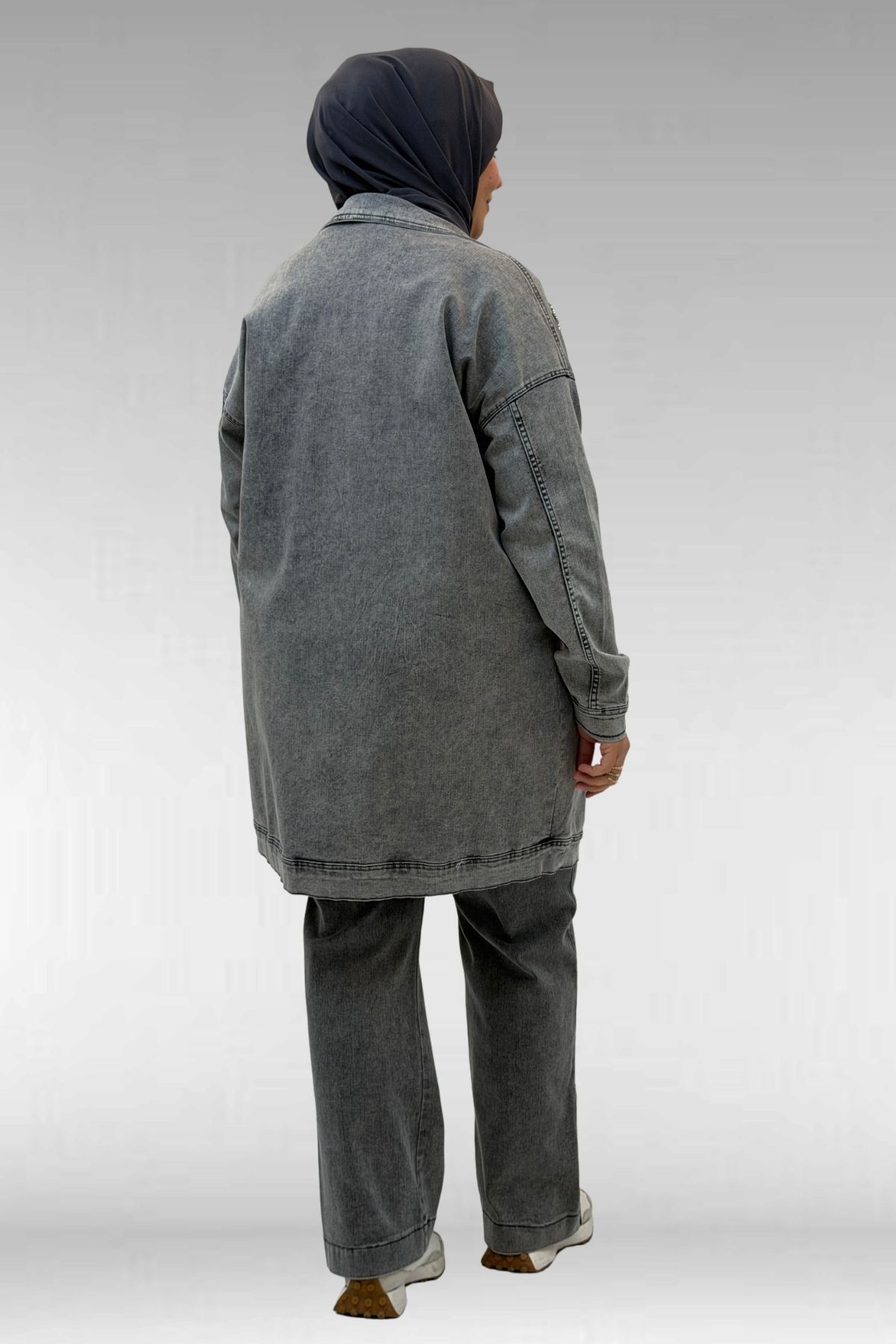 53022 Büyük Beden Yıldız İnci Çakma Detaylı Kot Ceket - Antrasit