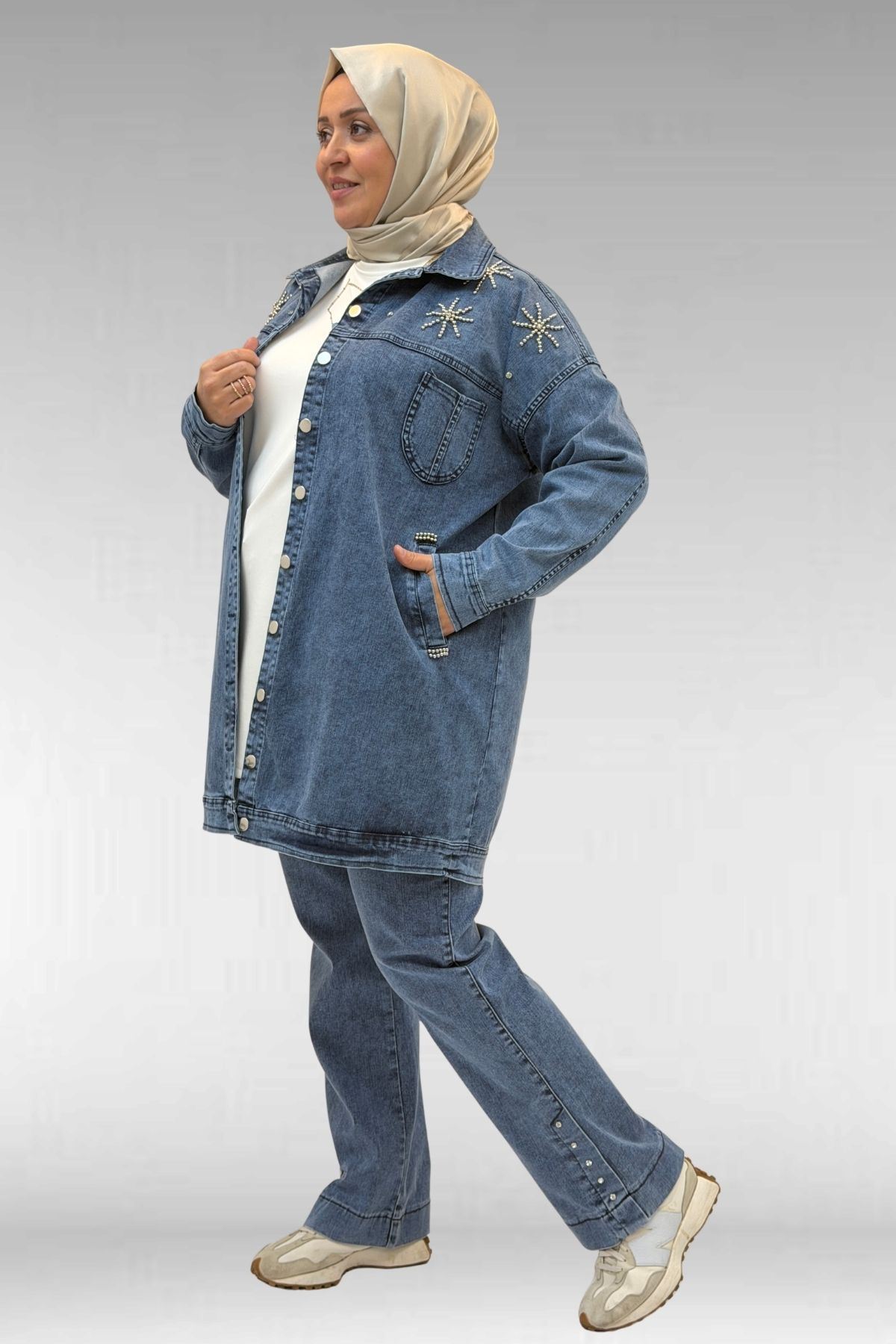 53022 Büyük Beden Yıldız İnci Çakma Detaylı Kot Ceket - Mavi