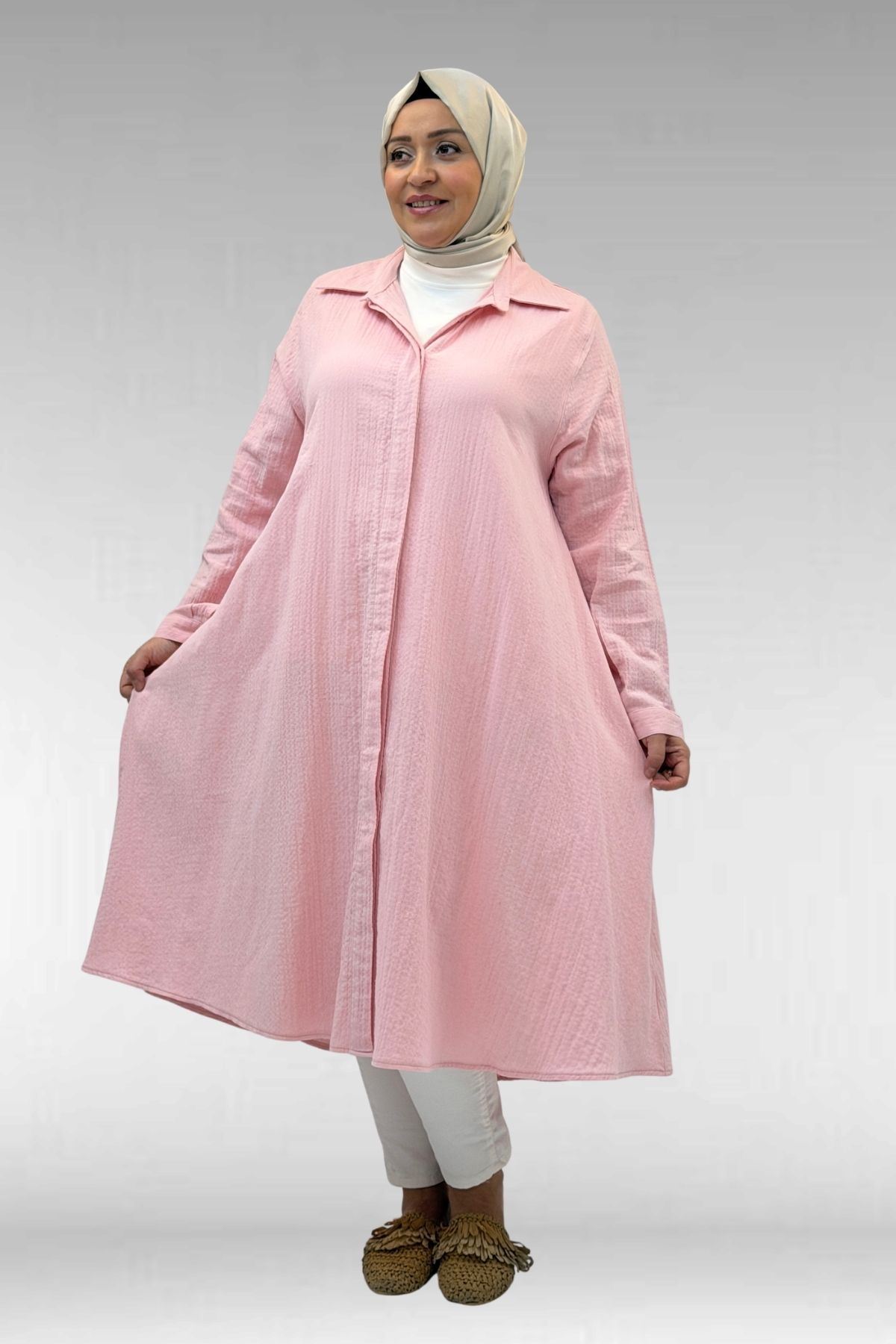 58093 Büyük Beden Mevlana Kesim Müslin Gömlek - Şeker Pembesi