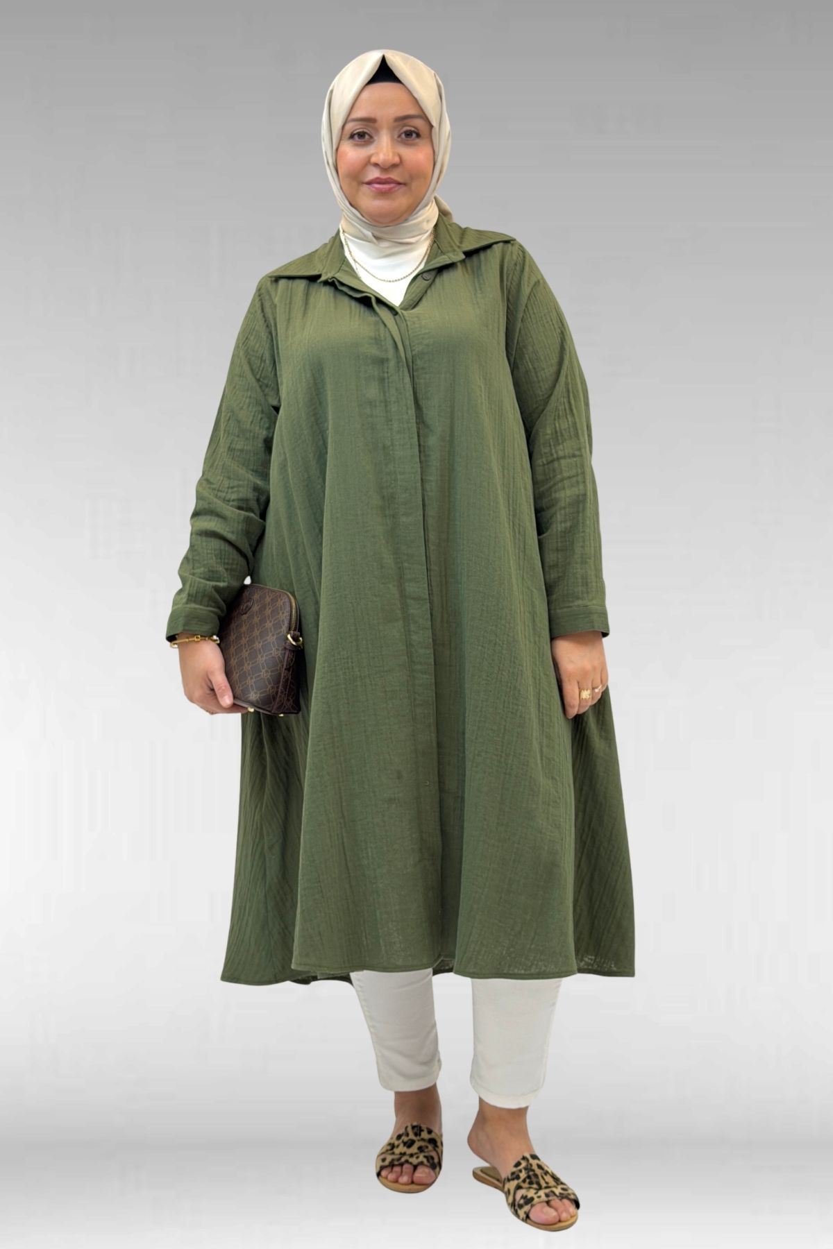 58093 Büyük Beden Mevlana Kesim Müslin Gömlek - Haki