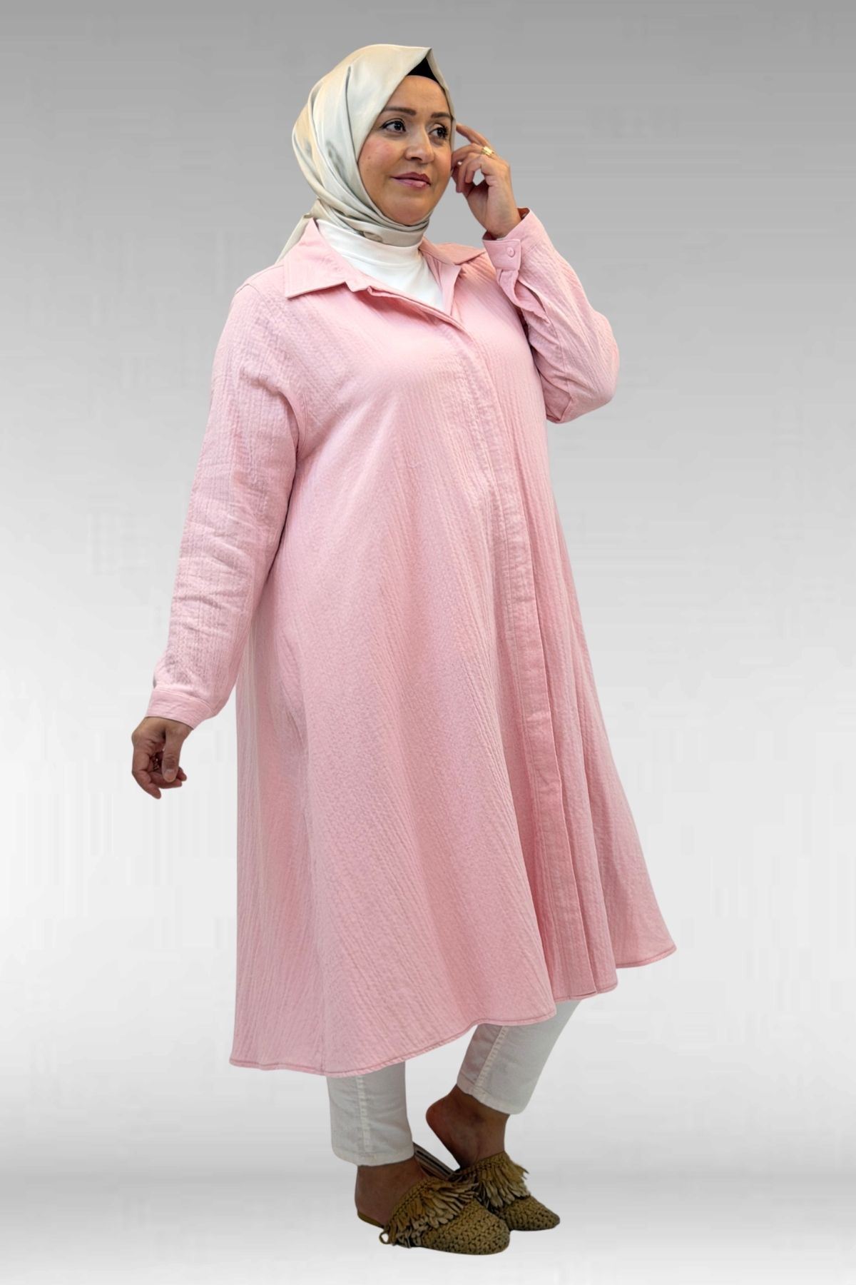 58093 Büyük Beden Mevlana Kesim Müslin Gömlek - Şeker Pembesi