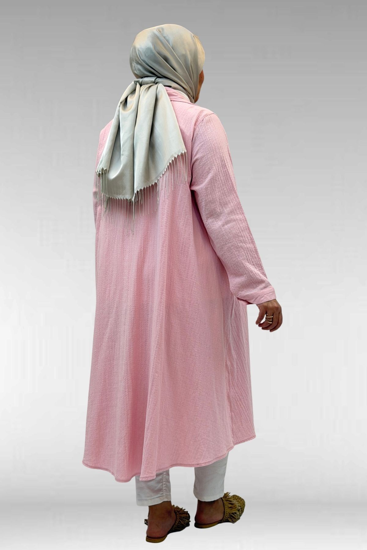 58093 Büyük Beden Mevlana Kesim Müslin Gömlek - Şeker Pembesi