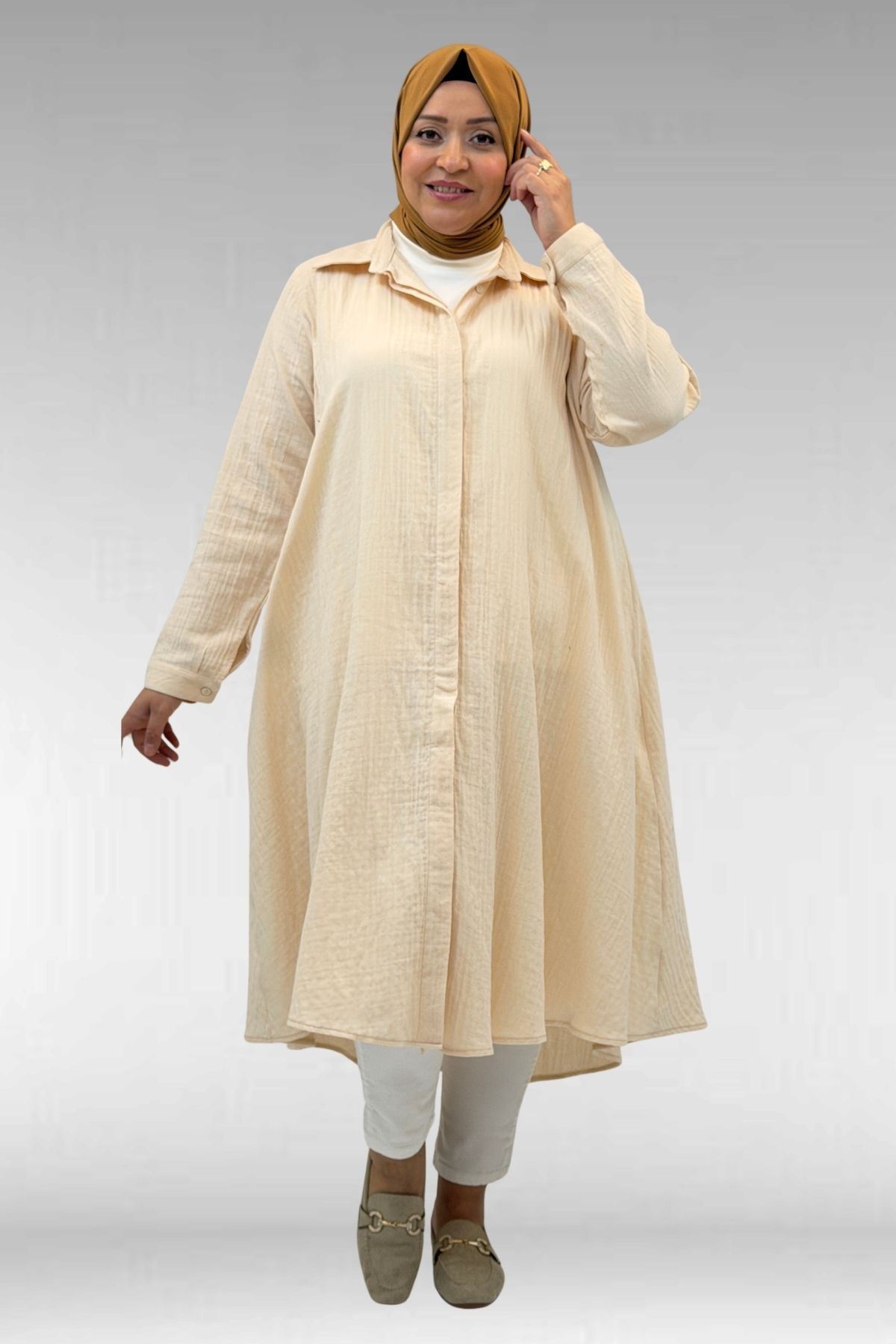 58093 Büyük Beden Mevlana Kesim Müslin Gömlek - Krem