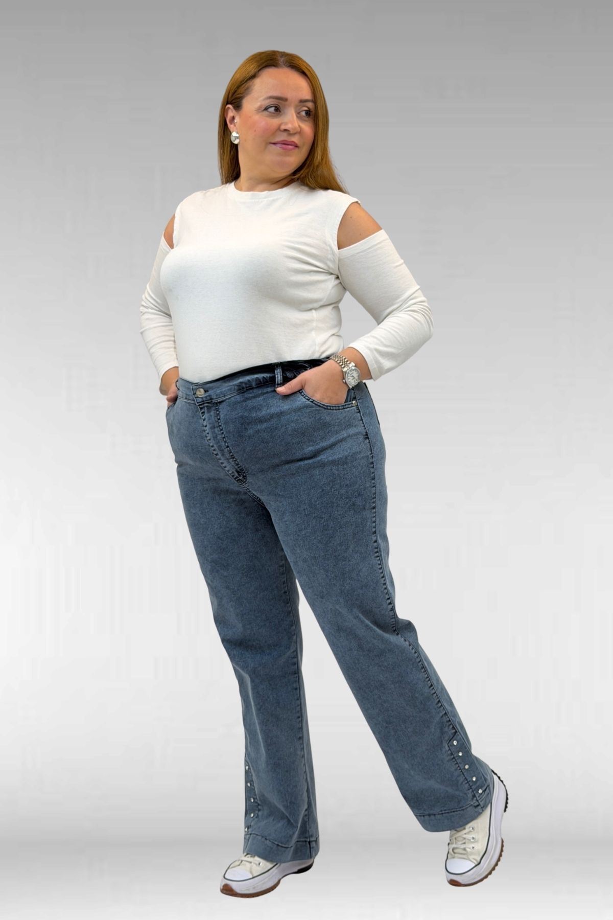 59024 Büyük Beden Paçasında Taş Detaylı Kot Pantolon - Petrol