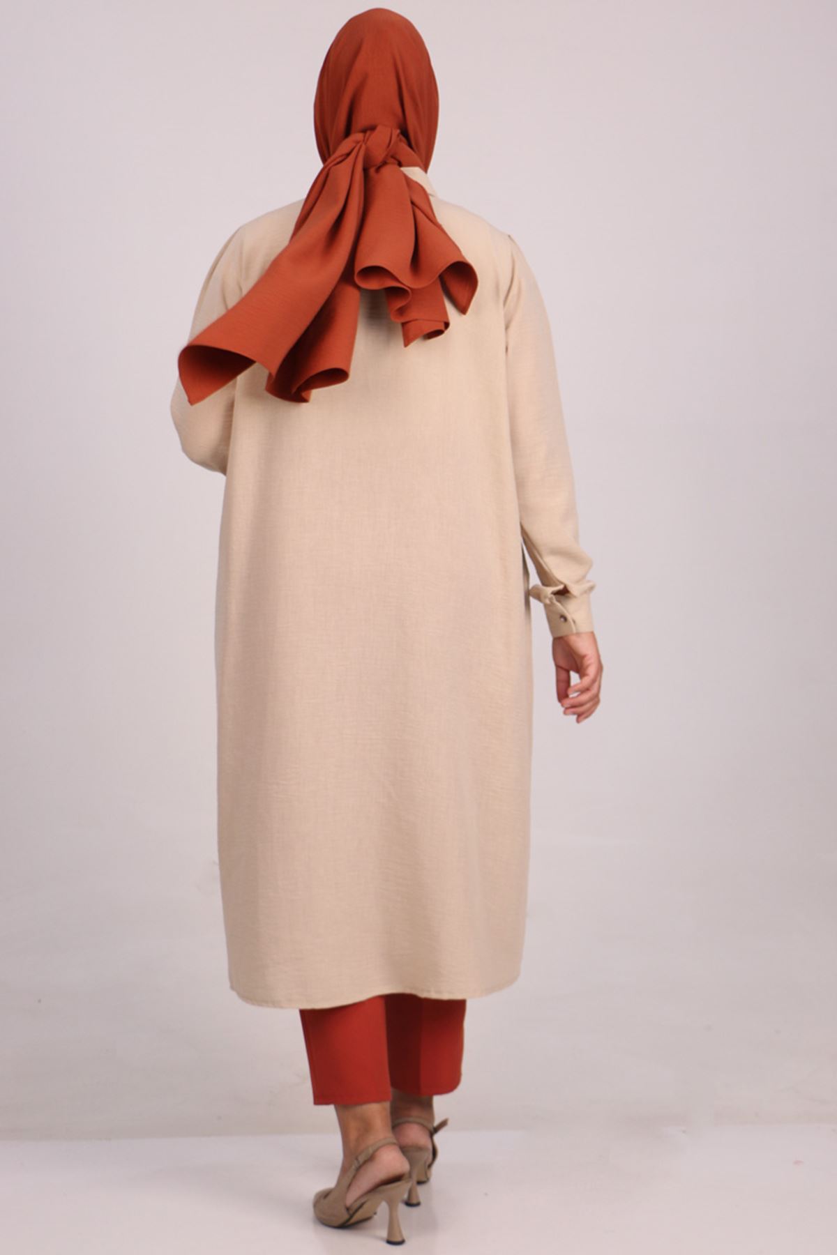 38099 Büyük Beden Cep Detaylı Keten Airobin Gömlek - Taş