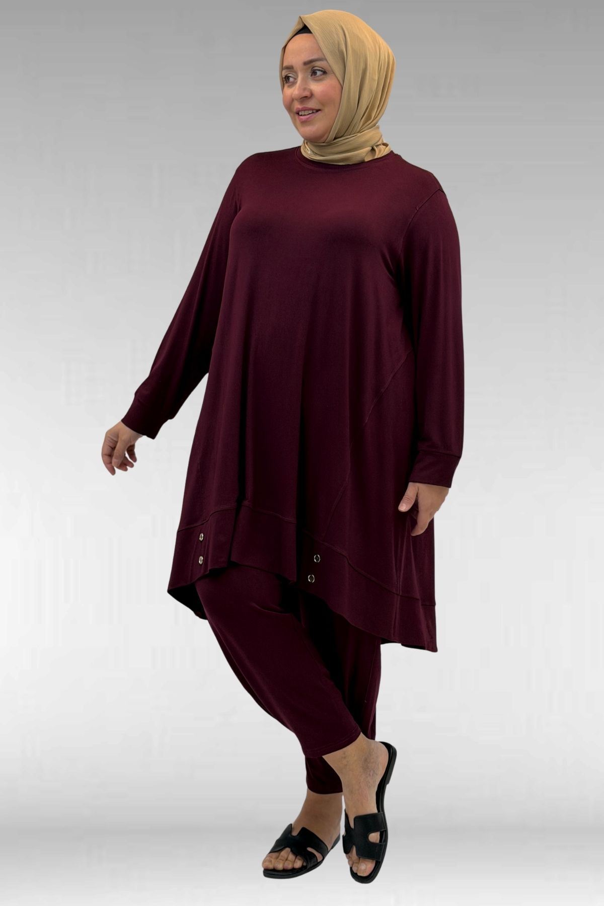 67041 Büyük Beden Düğme Detaylı Penye Pantolonlu Takım - Bordo