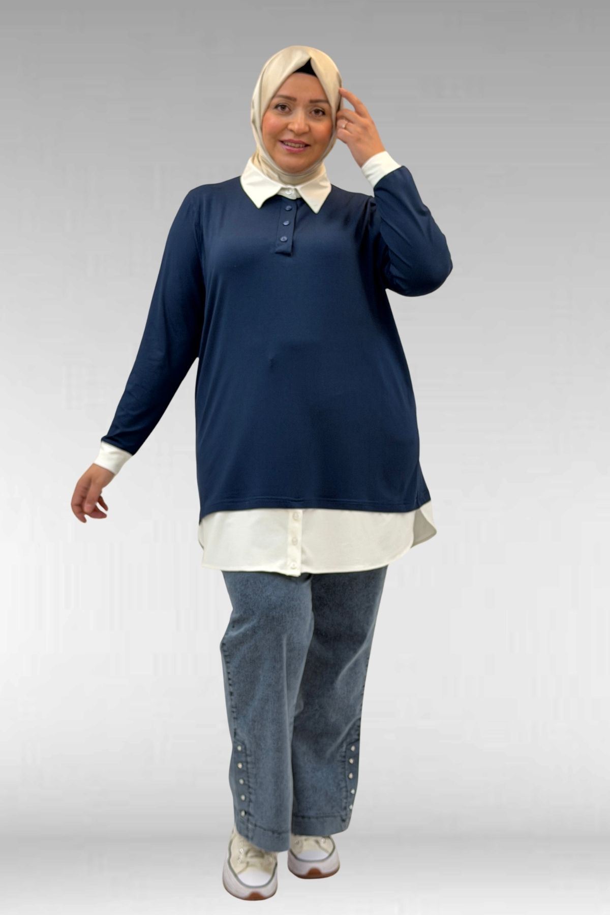 68028 Büyük Beden Kombinli -Manşetli Penye Tunik - Petrol