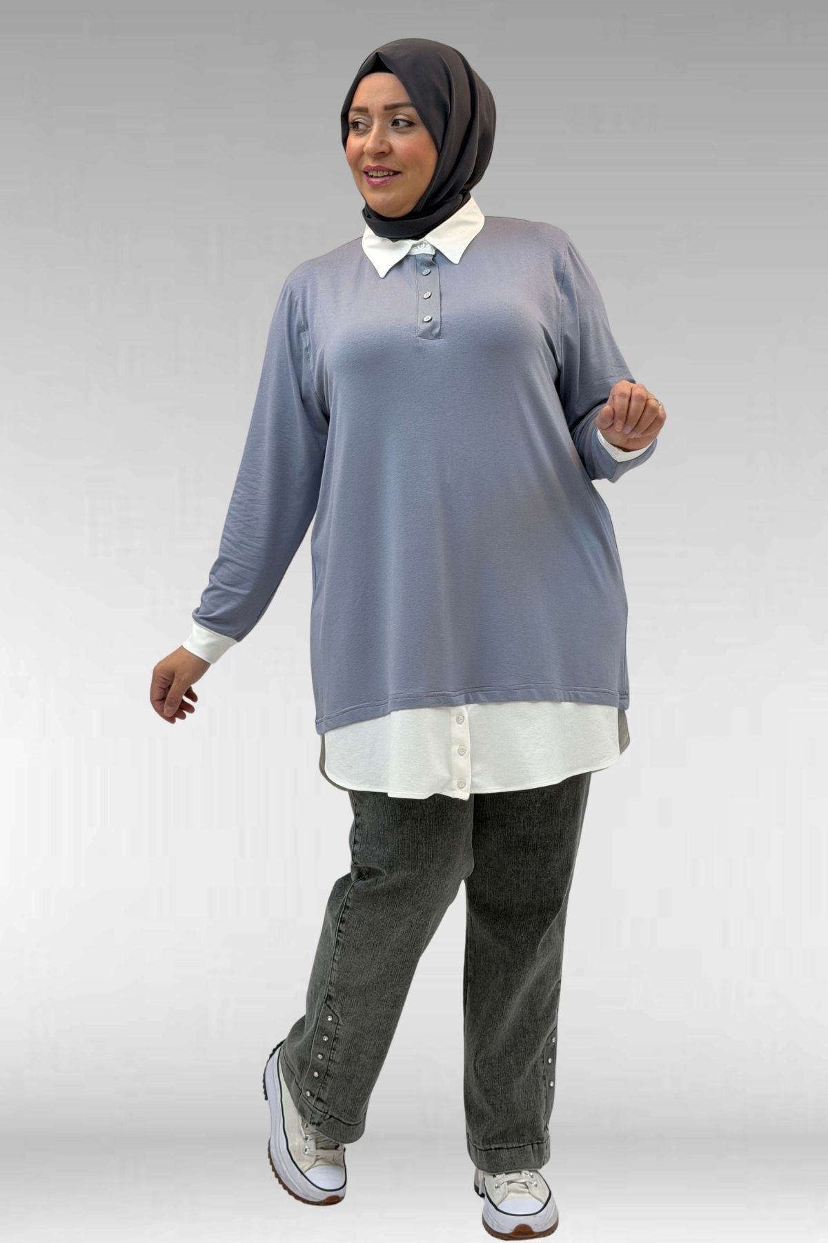 68028 Büyük Beden Kombinli -Manşetli Penye Tunik - Gri