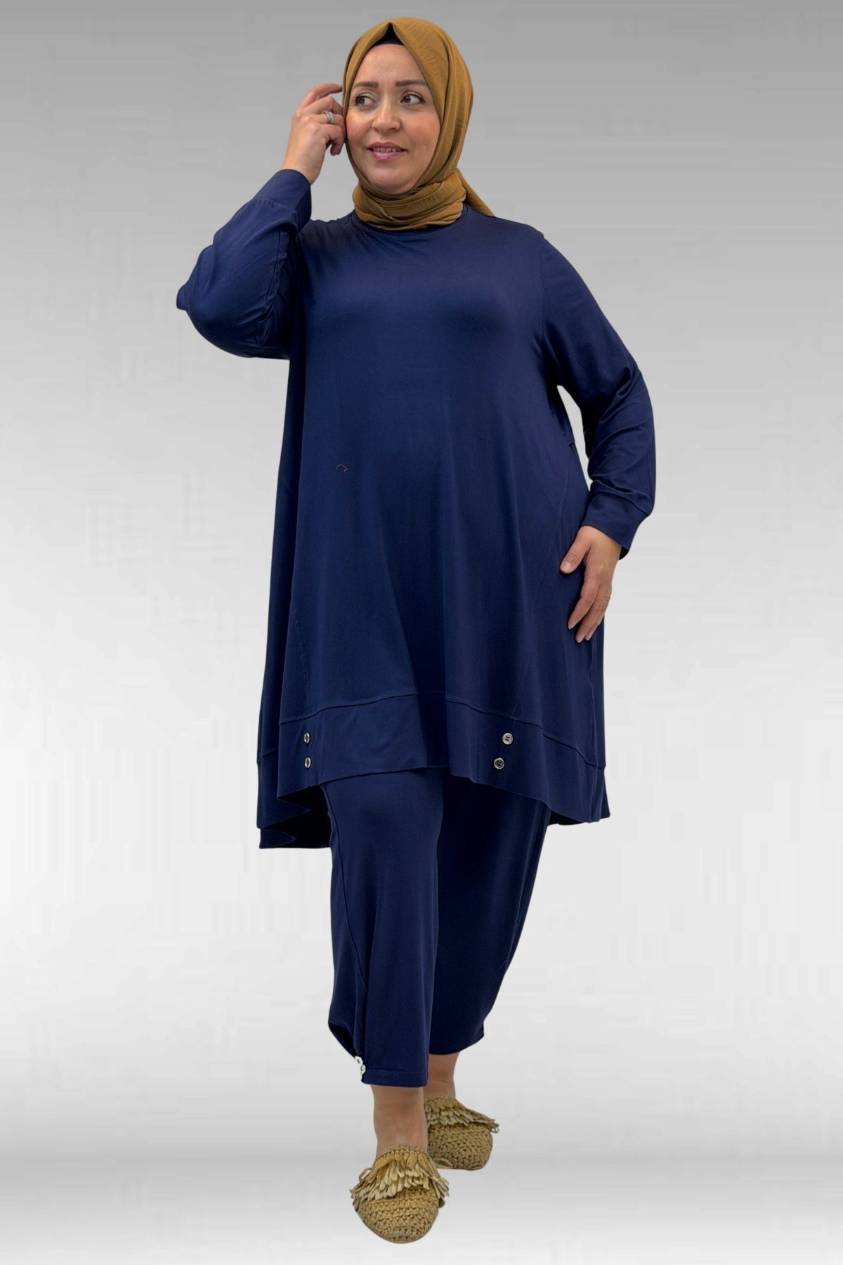 67041 Büyük Beden Düğme Detaylı Penye Pantolonlu Takım - İndigo