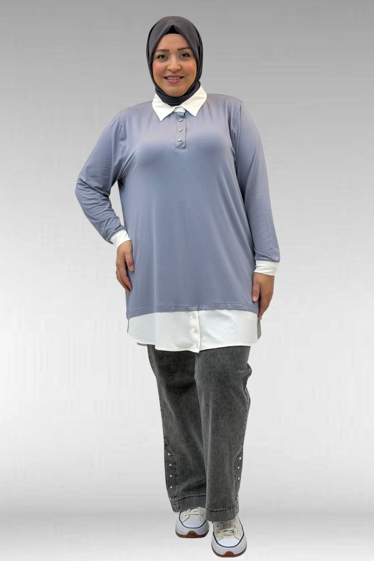 68028 Büyük Beden Kombinli -Manşetli Penye Tunik - Gri