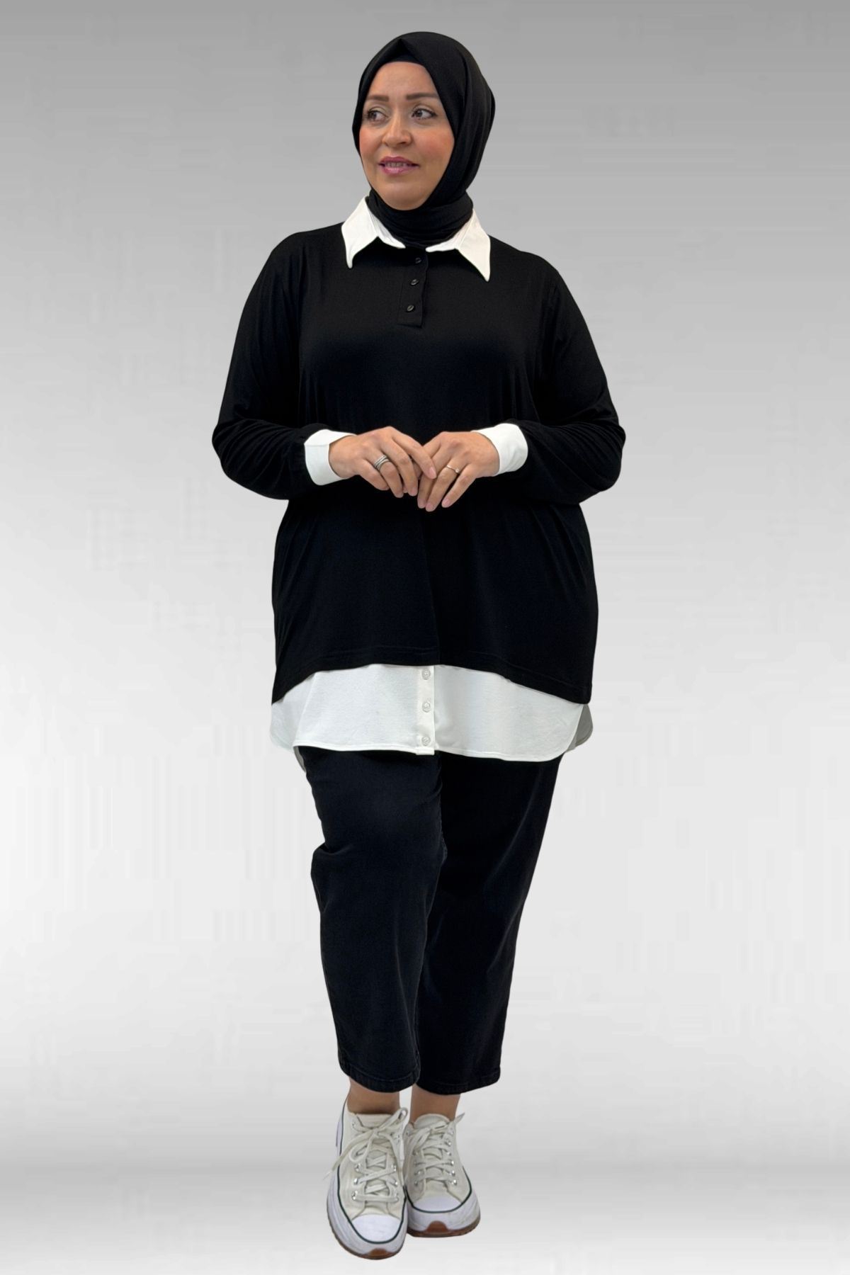 68028 Büyük Beden Kombinli -Manşetli Penye Tunik - Siyah