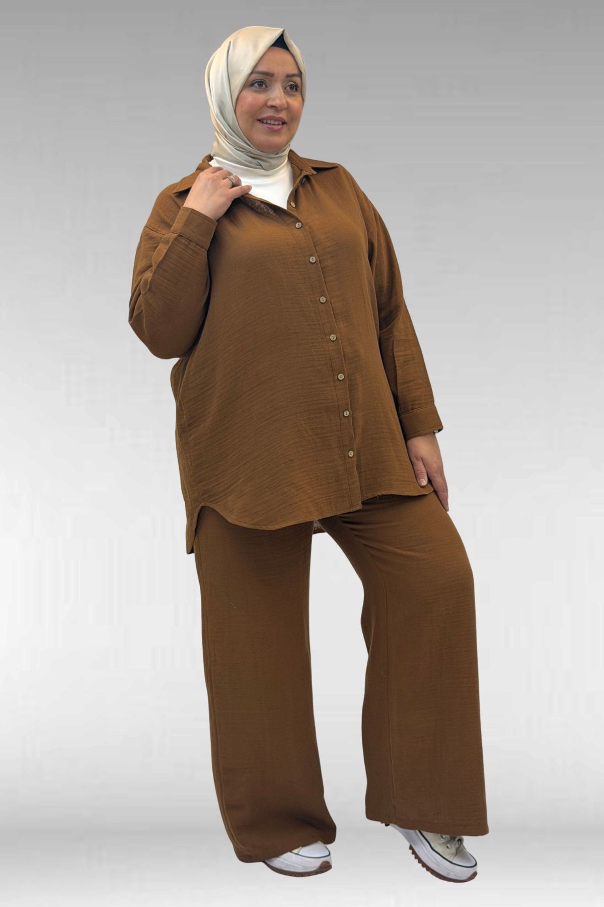 67038 Büyük Beden Erkek Yakalı Müslin Pantolonlu Takım - Kahve