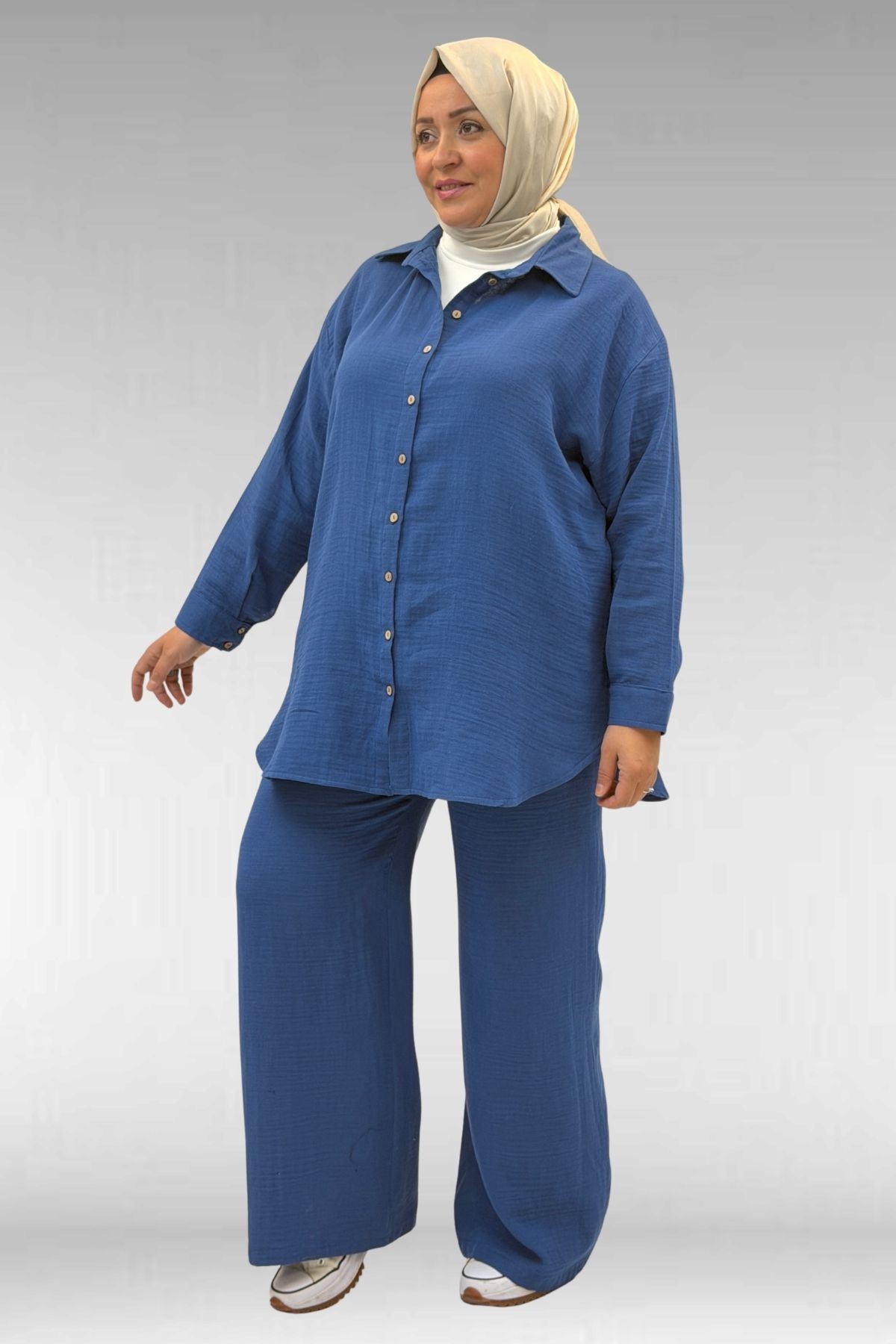 67038 Büyük Beden Erkek Yakalı Müslin Pantolonlu Takım - İndigo