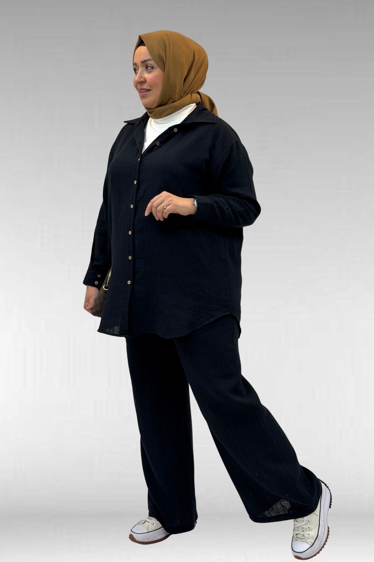 67038 Büyük Beden Erkek Yakalı Müslin Pantolonlu Takım - Siyah