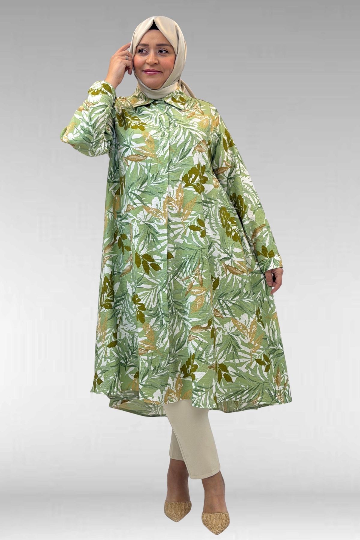 68015 Büyük Beden Mevlana Kesim Mango Gömlek - Desenli Haki