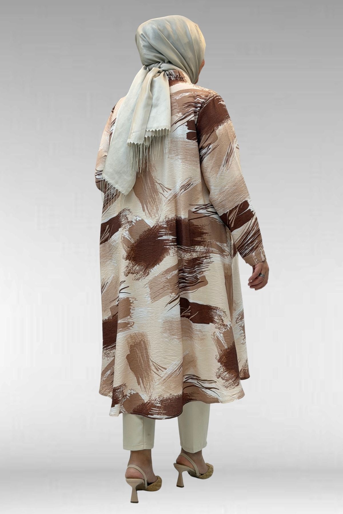 68015 Büyük Beden Mevlana Kesim Mango Gömlek - Desenli Çikolata Kahve