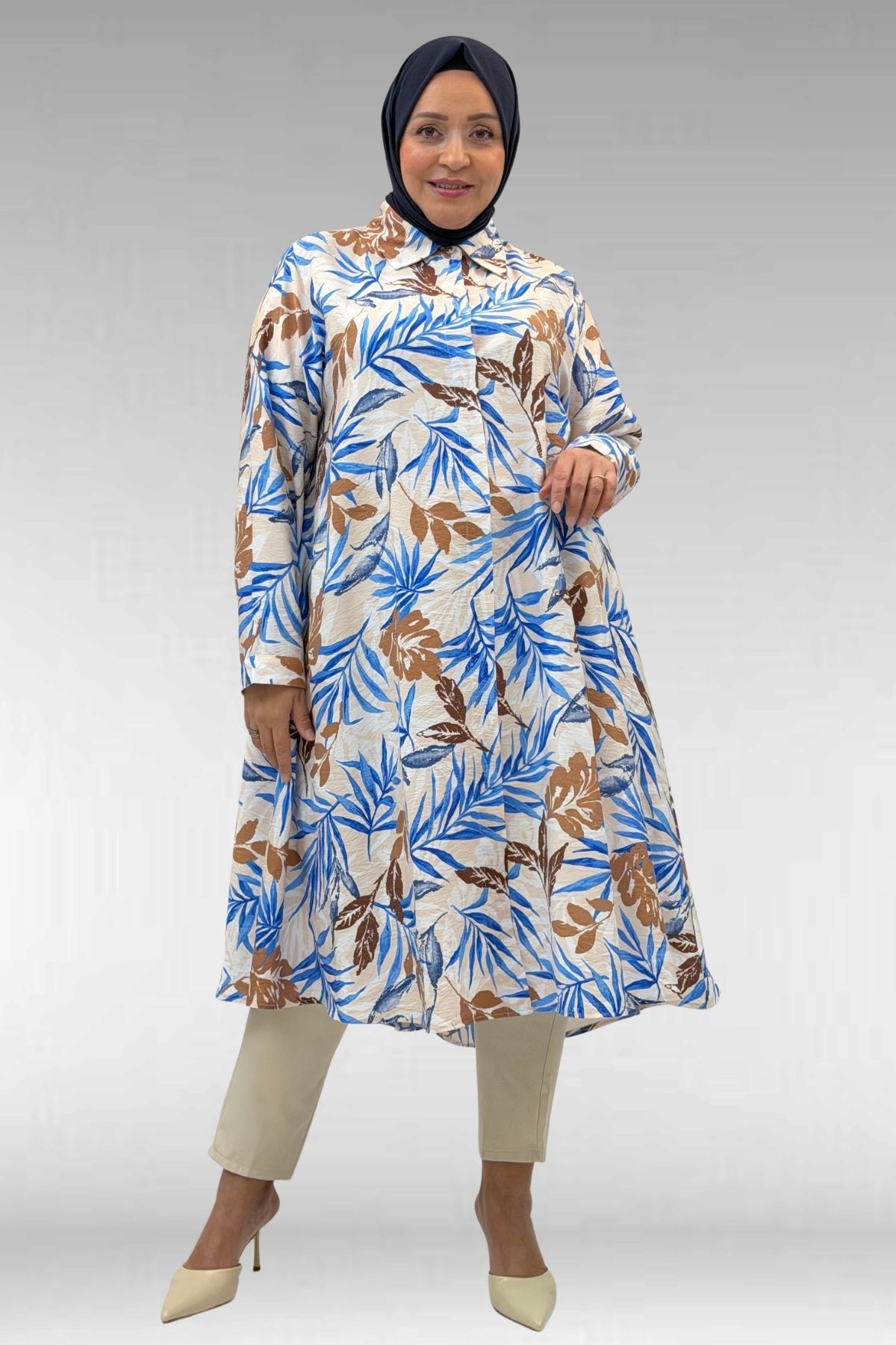 68015 Büyük Beden Mevlana Kesim Mango Gömlek - Yaprak Desen Vizon