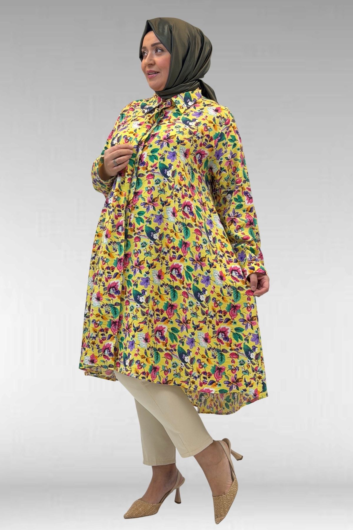 68015 Büyük Beden Mevlana Kesim Mango Gömlek - Desenli Sarı