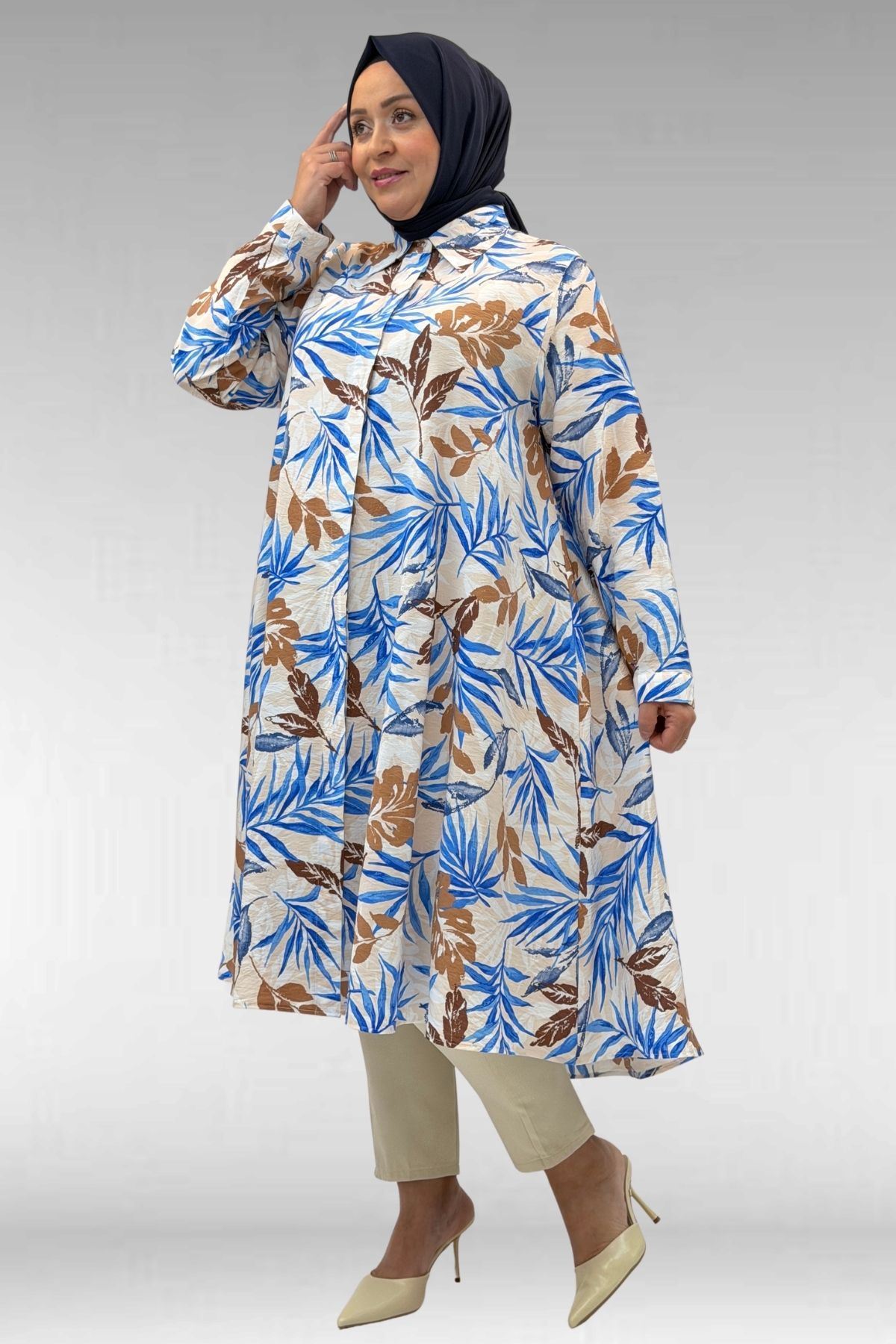 68015 Büyük Beden Mevlana Kesim Mango Gömlek - Yaprak Desen Vizon