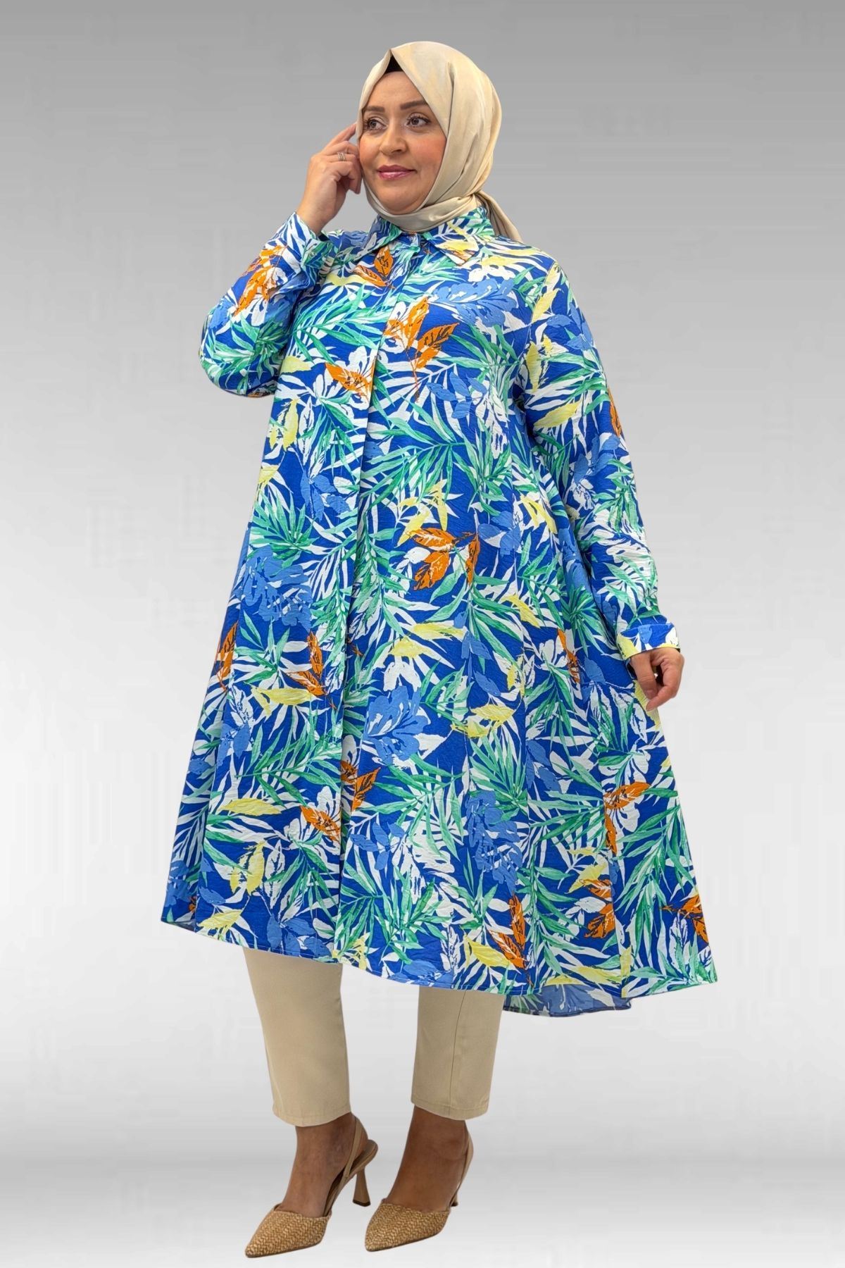 68015 Büyük Beden Mevlana Kesim Mango Gömlek - Desenli Saks