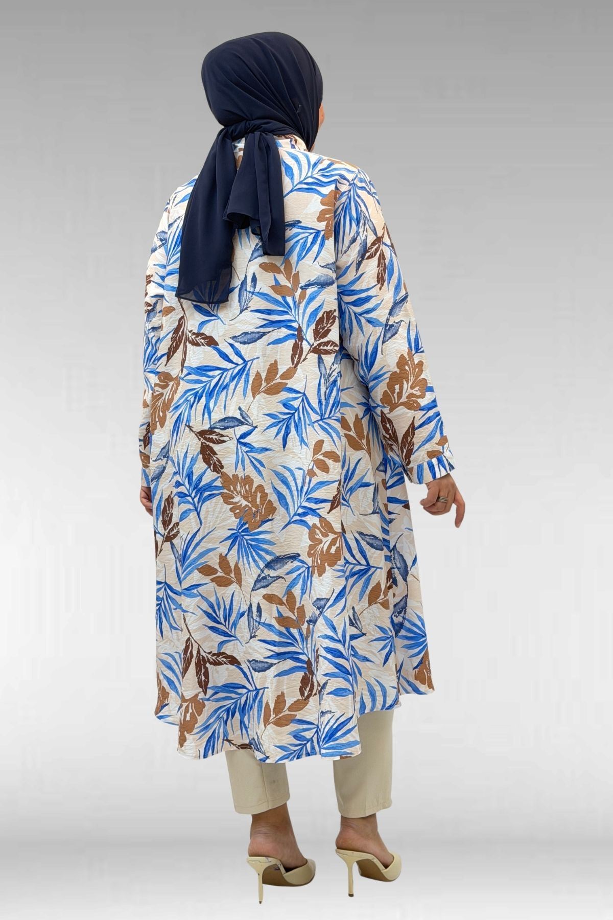 68015 Büyük Beden Mevlana Kesim Mango Gömlek - Yaprak Desen Vizon