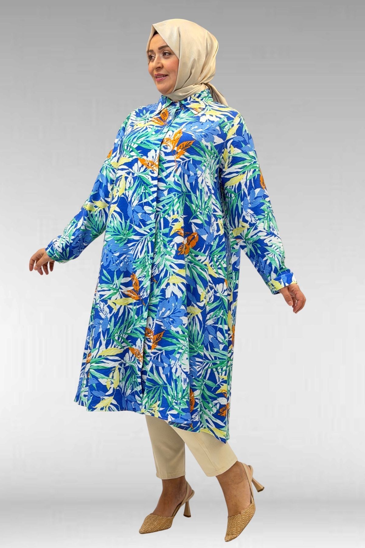 68015 Büyük Beden Mevlana Kesim Mango Gömlek - Desenli Saks