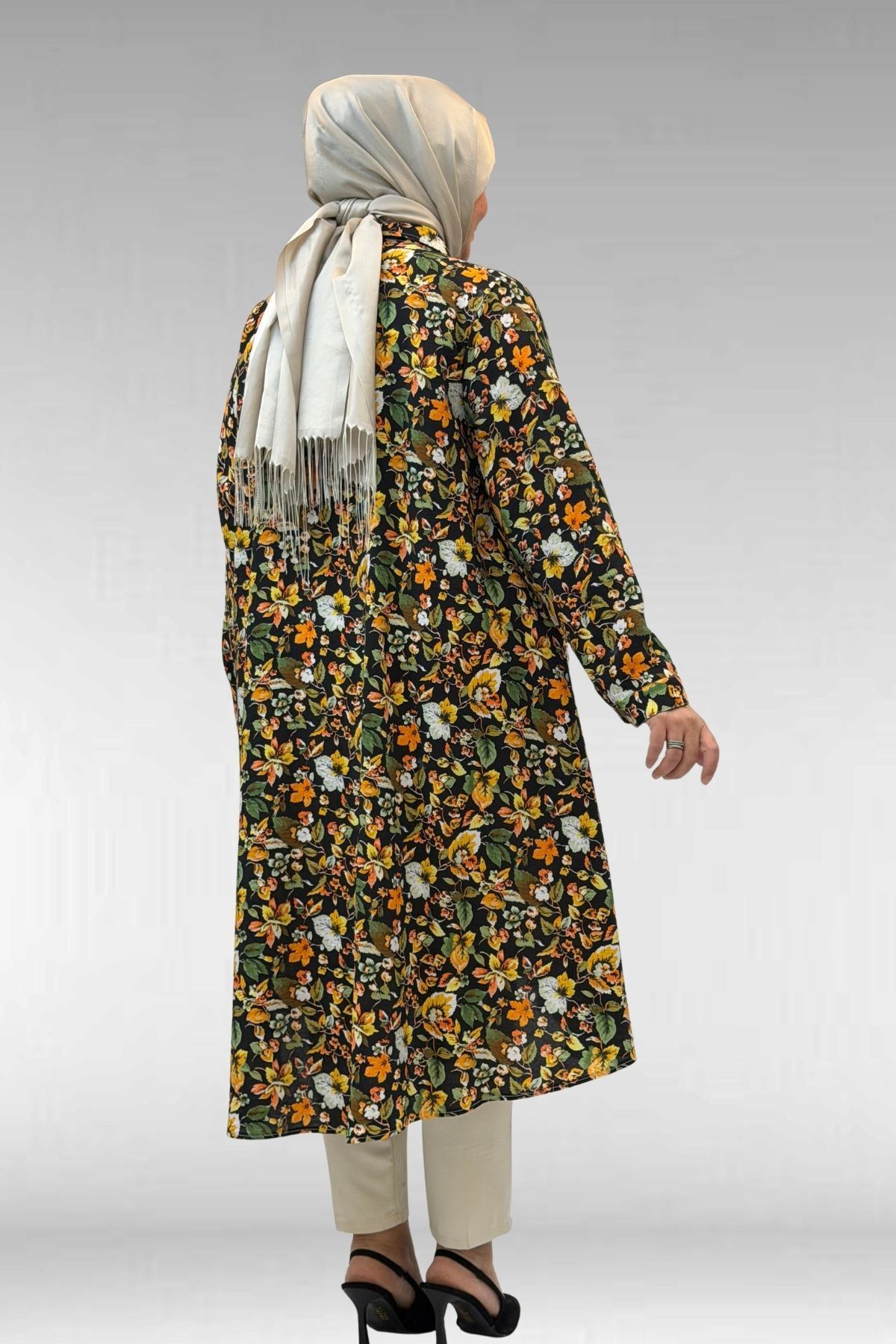 68015 Büyük Beden Mevlana Kesim Mango Gömlek - Desenli Siyah