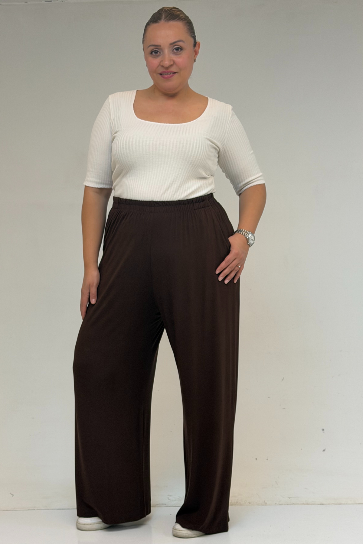 39000 Büyük Beden Yüksek Beli Lastikli Penye Pantolon - Kahve